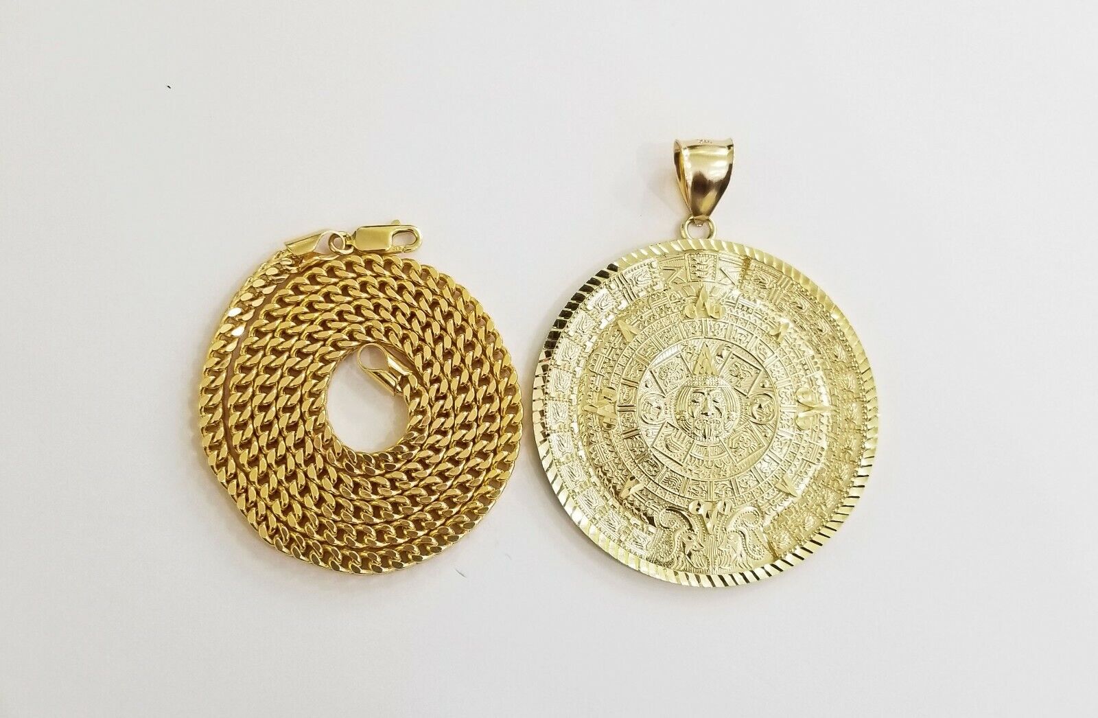 10k Real Gold Aztec Calendar Pendant Charm 3mm 20" 22" 24" Franco Chain