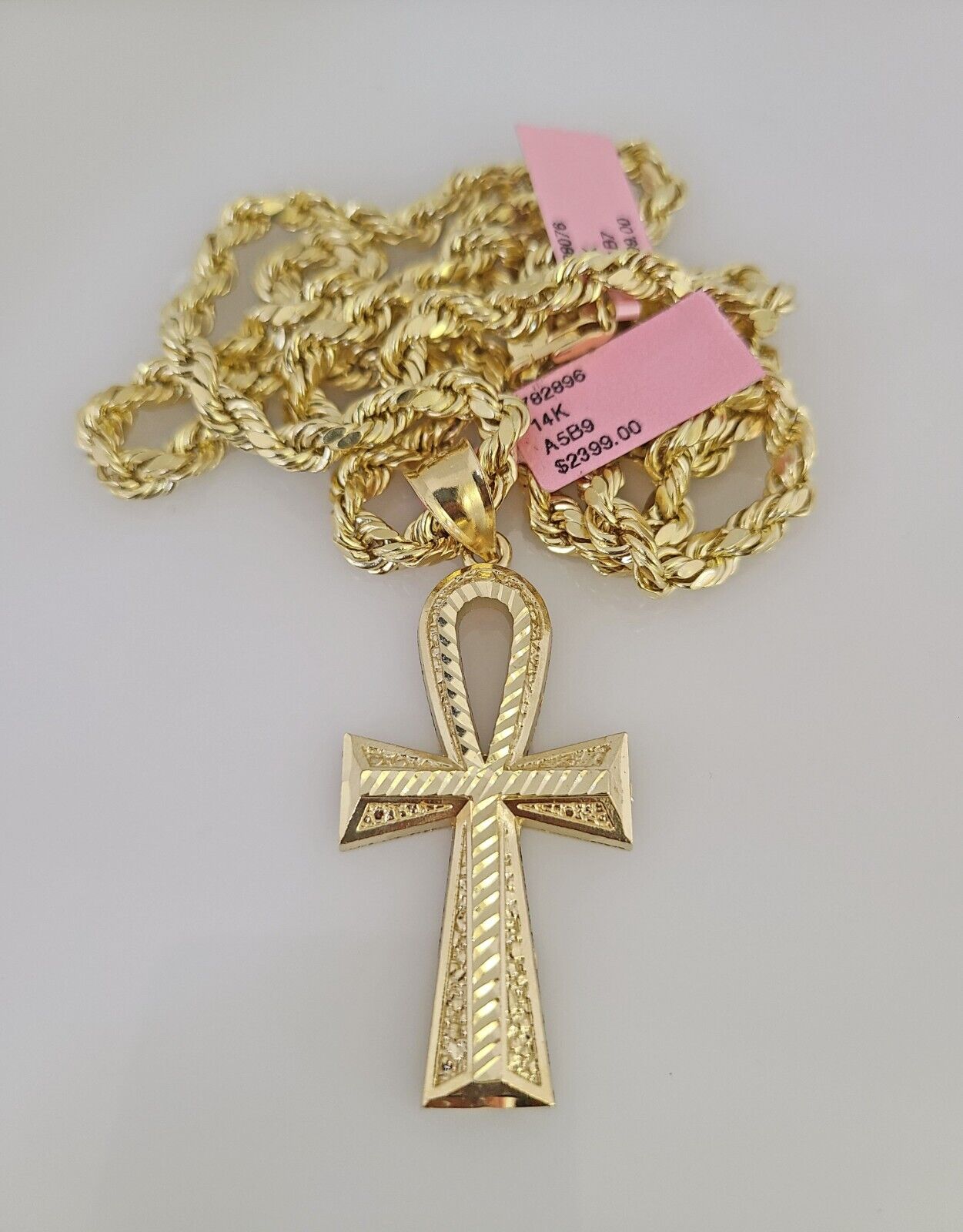 14k Gold Rope Chain Necklace Set 6mm Ankh Cross Charm Pendant 18"-28" inch