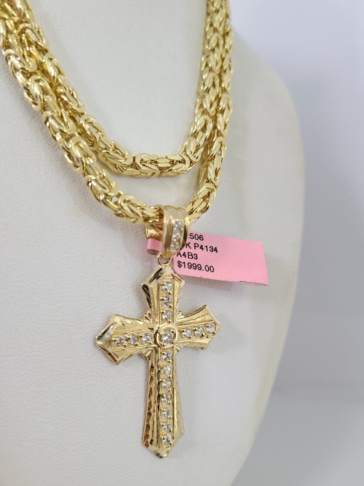 14K Gold Necklace Chain Jesus Cross Charm Turkish Byzantine 4mm 24" Pendant