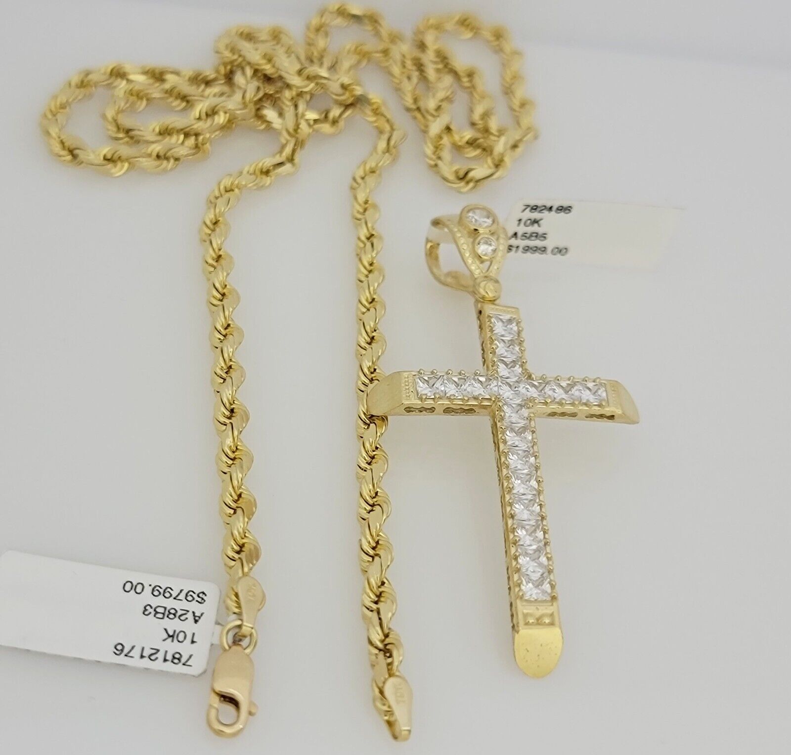 Real 10k Gold Rope Chain Cross SET Stone Charm Pendant Solid Necklace 4mm 24Inch