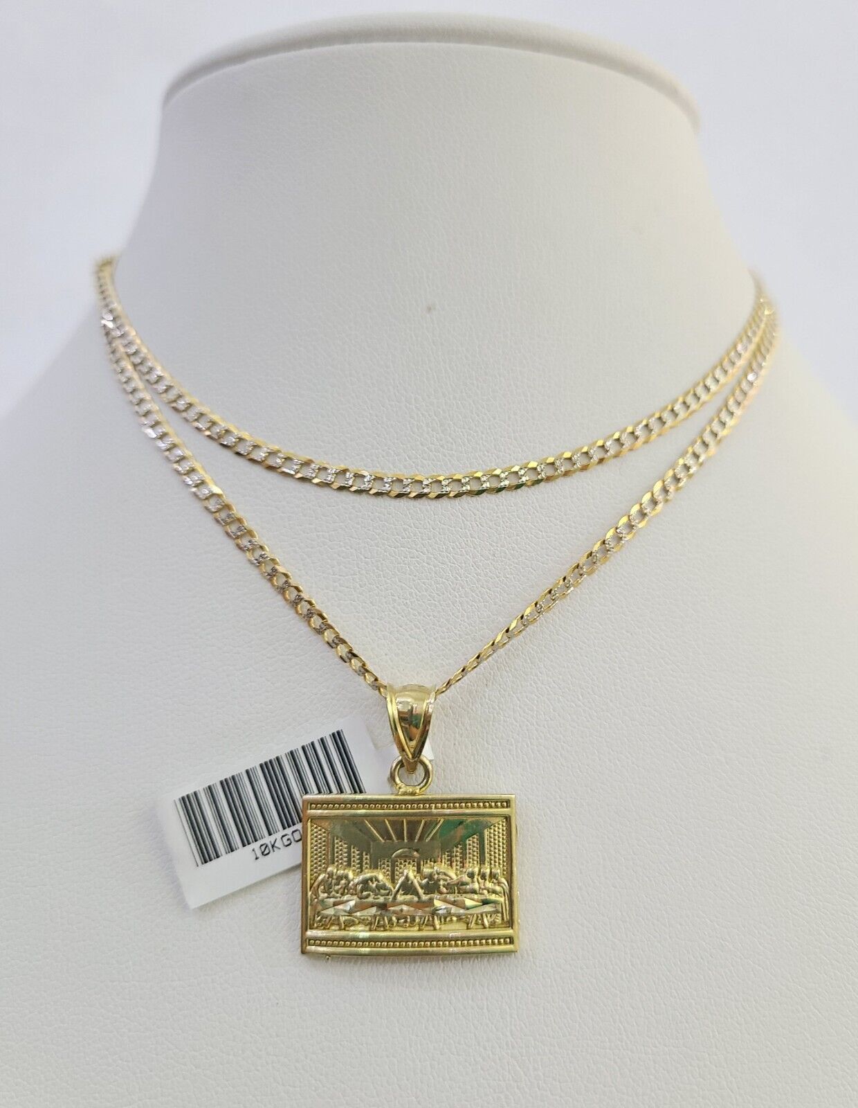 10k Solid Gold Cuban Curb Chain Last Supper Pendant 2mm 18"-24" SET Necklace