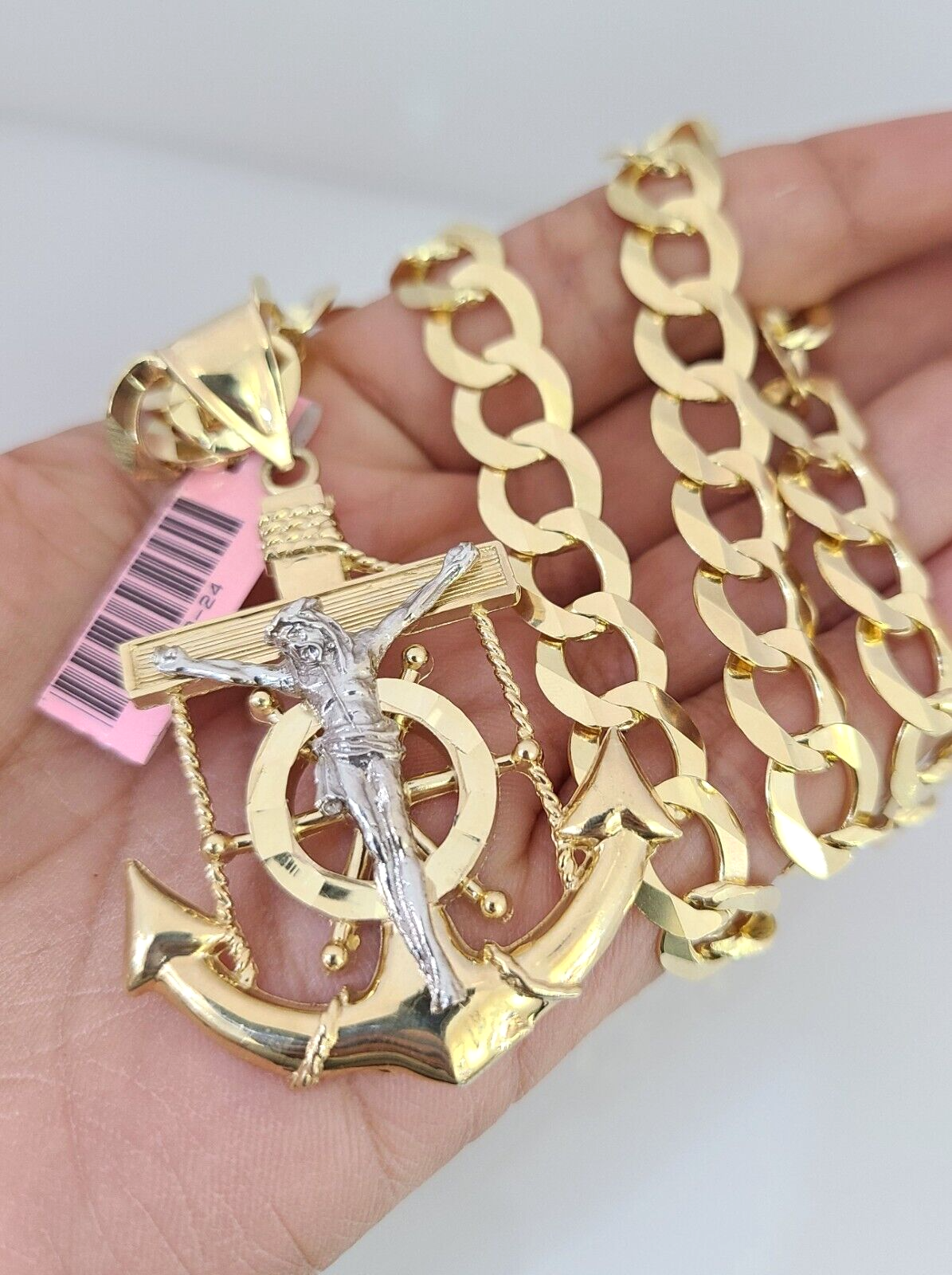 14k Gold Chain Jesus Anchor Charm Solid Cuban Curb 10mm 20"-30" SET Necklace