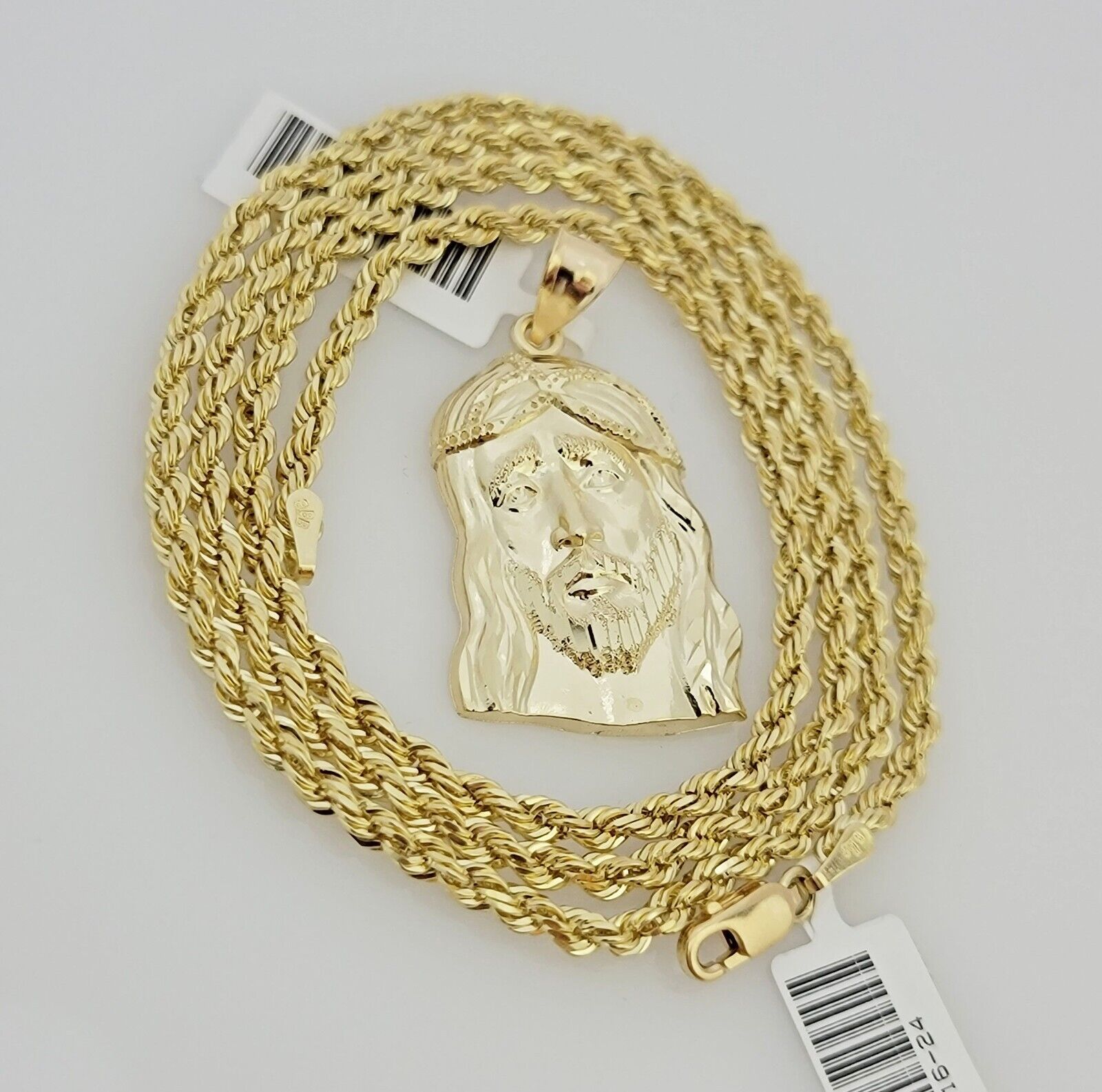 Real 10k Gold Rope Chain Jesus Head Charm Pendant Set 3mm Necklace 24 Inch SOLID