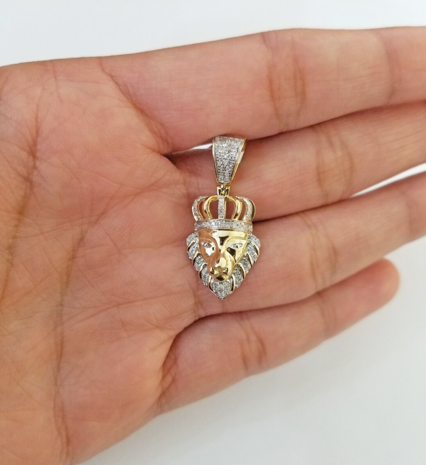 Real Diamond Pendant King Lion Head Men Crown Charm 10k Yellow Gold 1