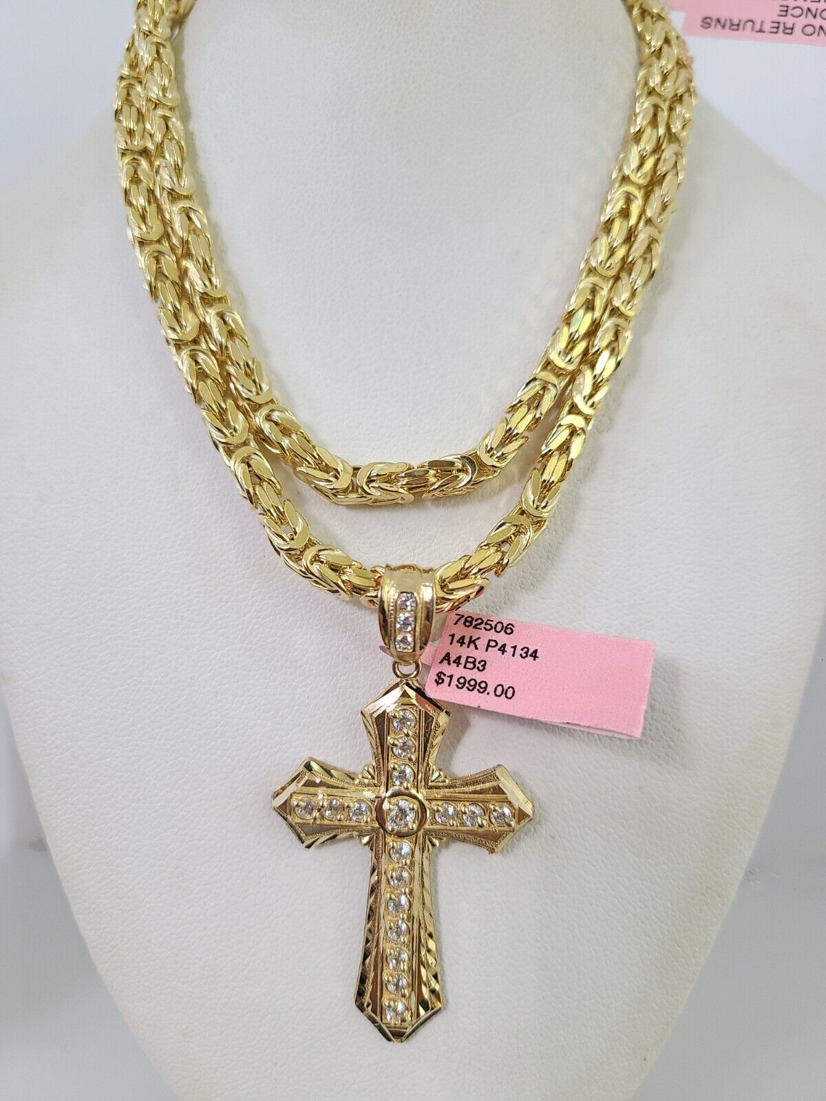 14K Gold Necklace Chain Jesus Cross Charm Turkish Byzantine 4mm 24" Pendant