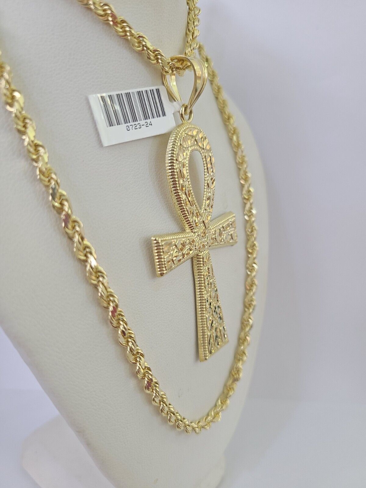 10k Solid Rope Chain Ankh Cross Charm Set 4mm 20"-28" Necklace Gold Yellow