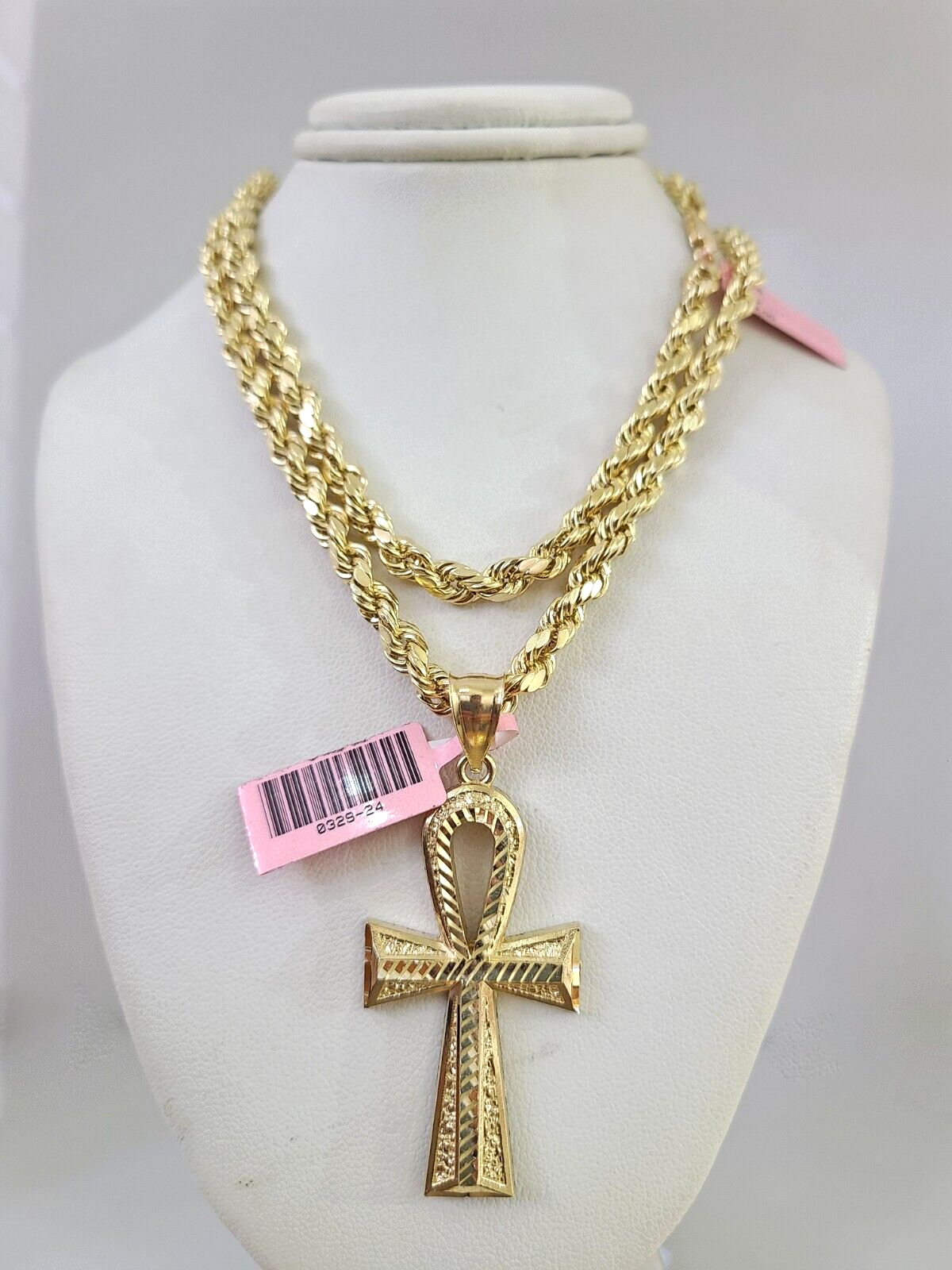 14k Gold Rope Chain Necklace Set 6mm Ankh Cross Charm Pendant 18"-28" inch