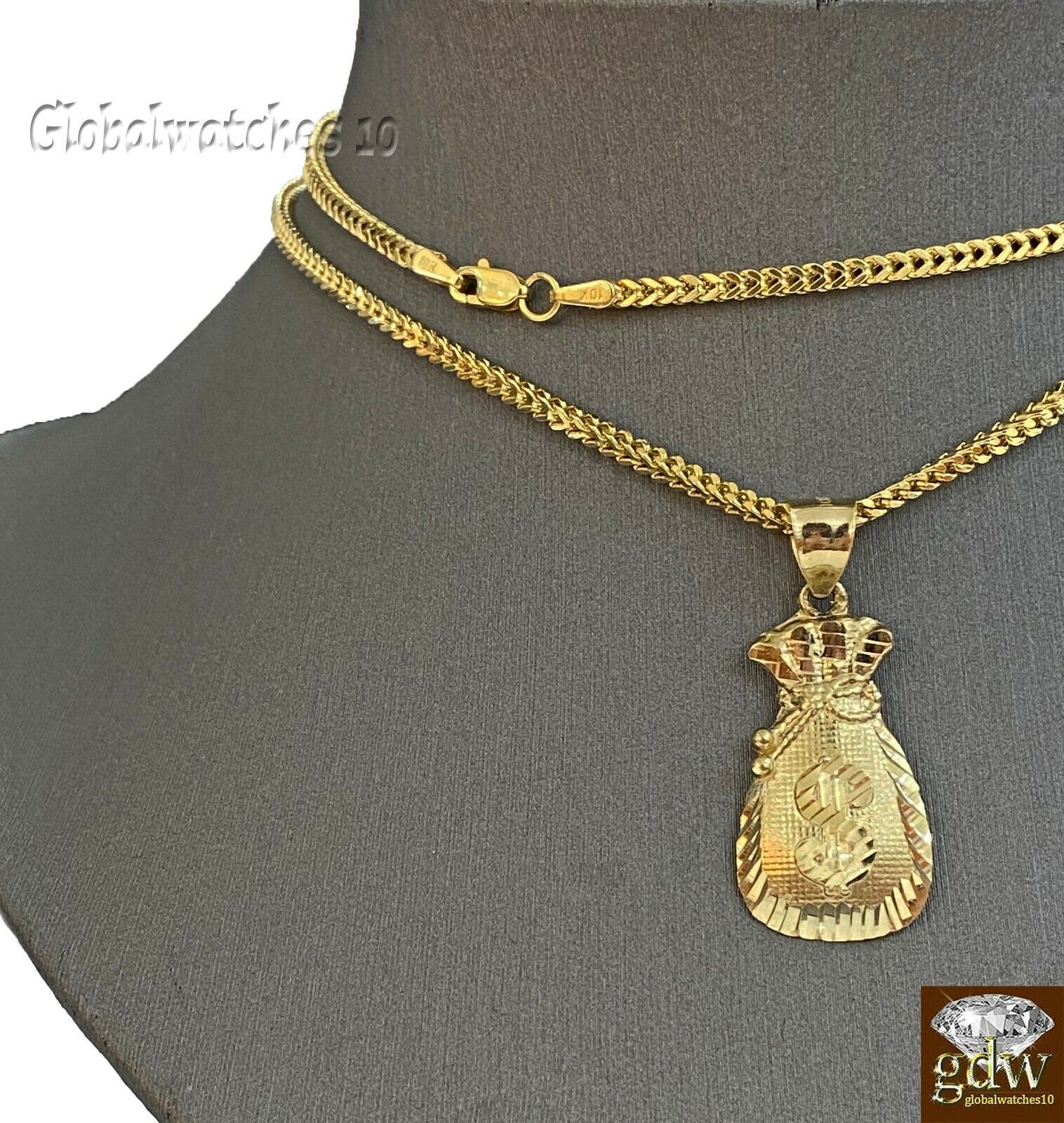 10k Gold Dollar Bag Charm Pendant Franco Chain 22 24 26 28 Inch Real