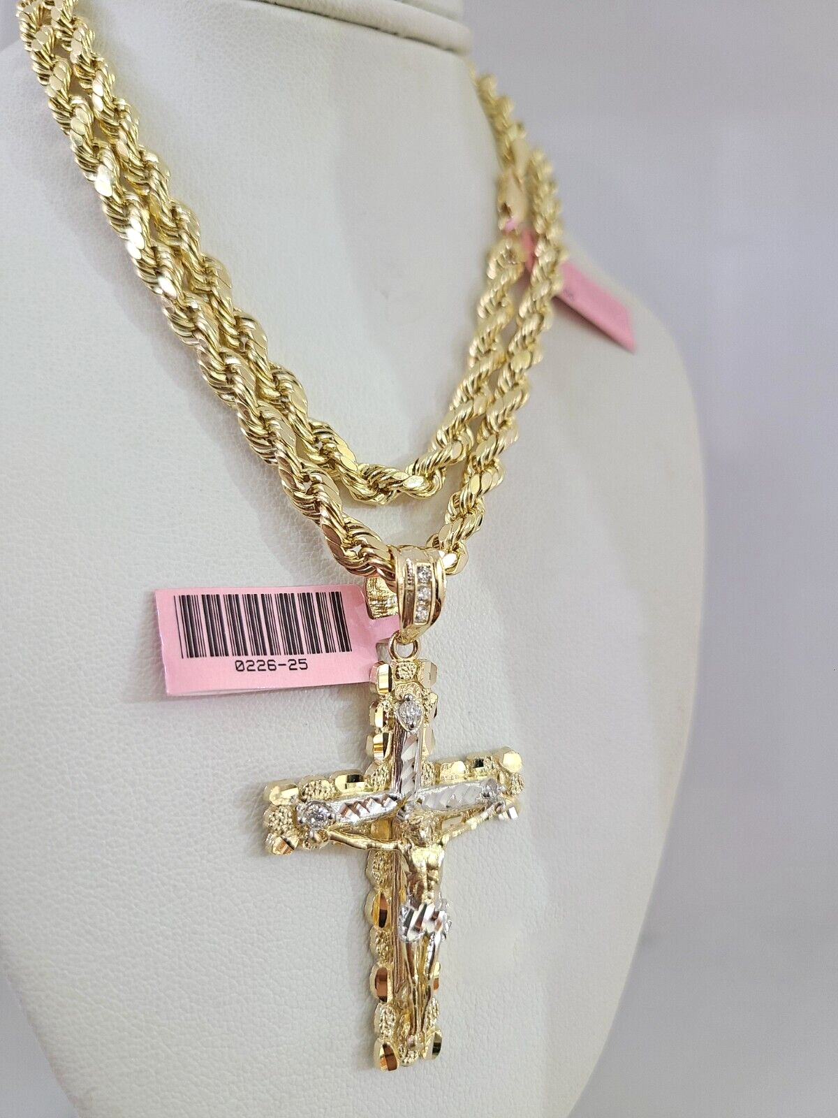 14k Gold Rope Chain Necklace Set 6mm Nugget Cross Charm Pendant 18"-28" inch