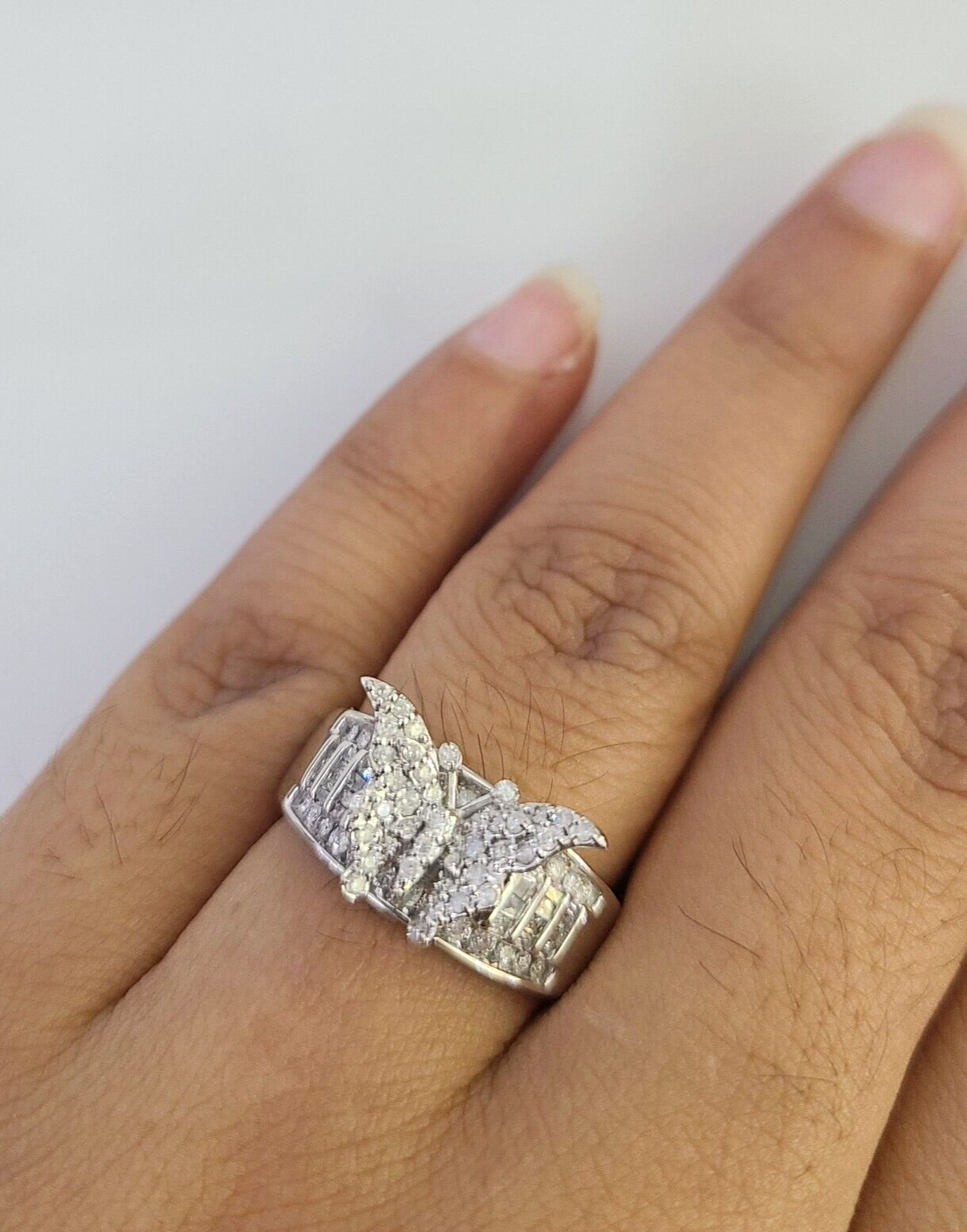 Real 10k Butterfly Diamond Ladies Ring Women Casual 10Kt White Gold All Sizes