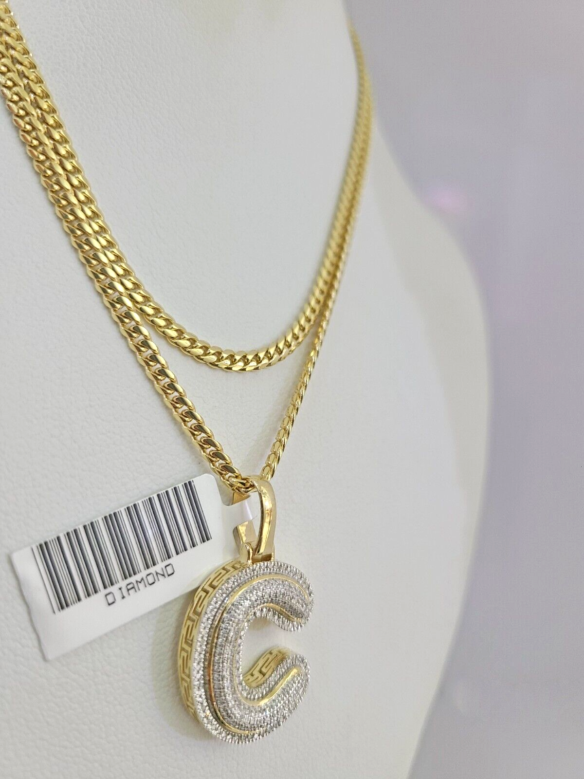 10K Solid Gold Miami Cuban Chain SET Diamond C Initial Charm 18"-26" 2.5mm