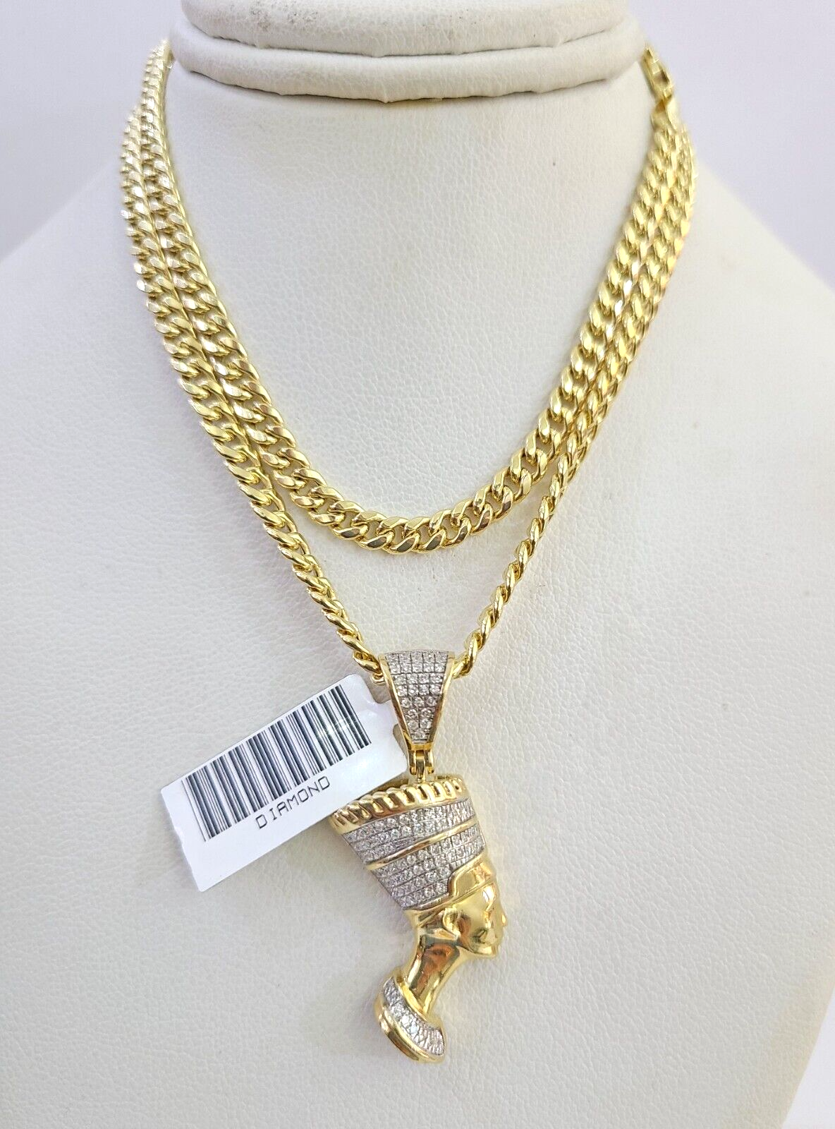 10k Miami Cuban Chain Diamond Egypt Queen Charm Set 4mm 18"-28" Necklace Gold