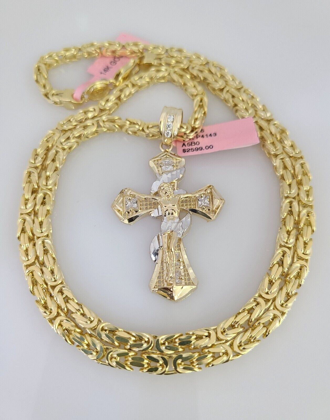 14K Gold Necklace Chain Jesus Spiral Cross Charm Turkish Byzantine 4mm 24"