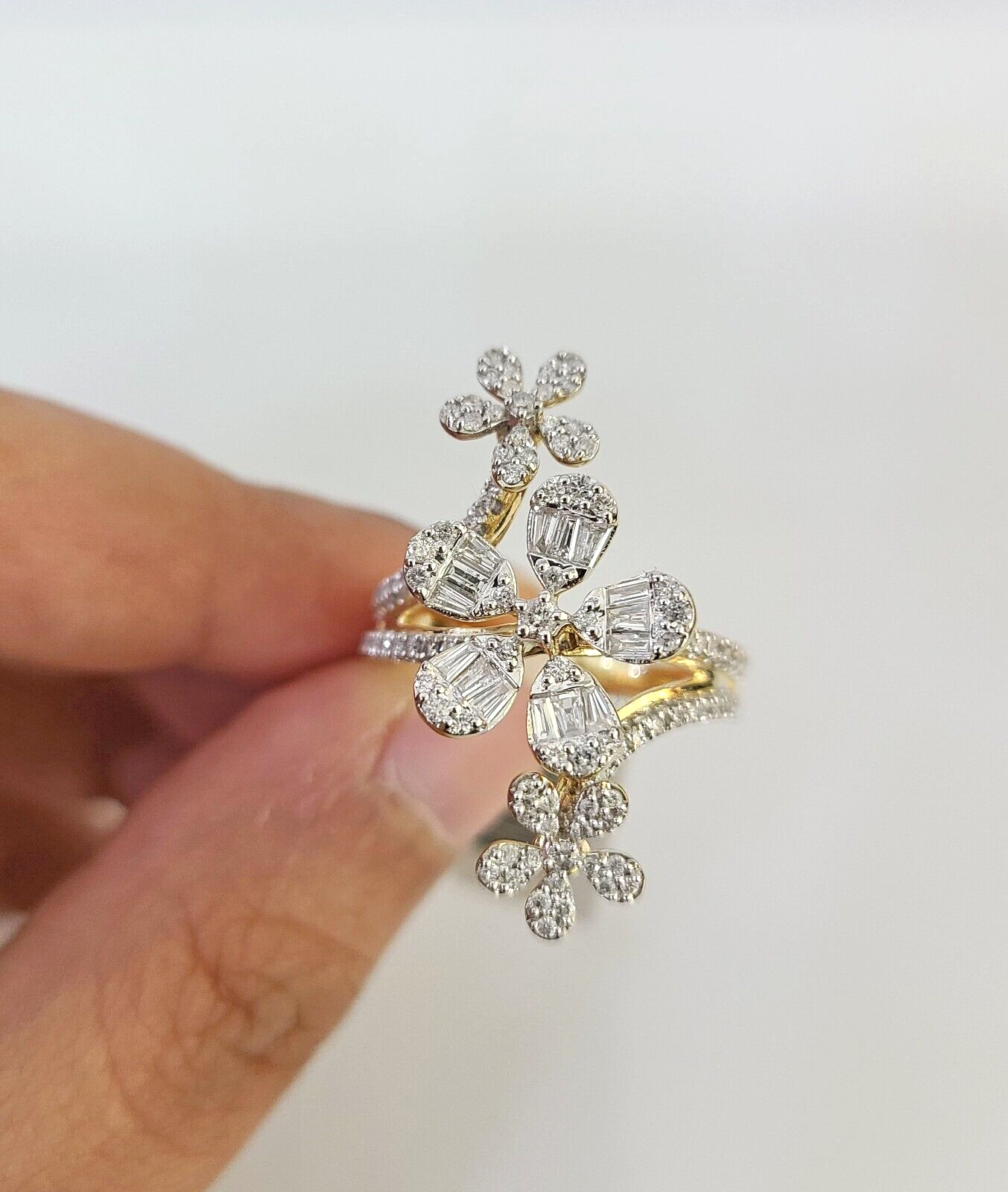 Real 10k Flowers Diamond Ladies Ring Women Casual 10Kt Yellow Gold All Sizes