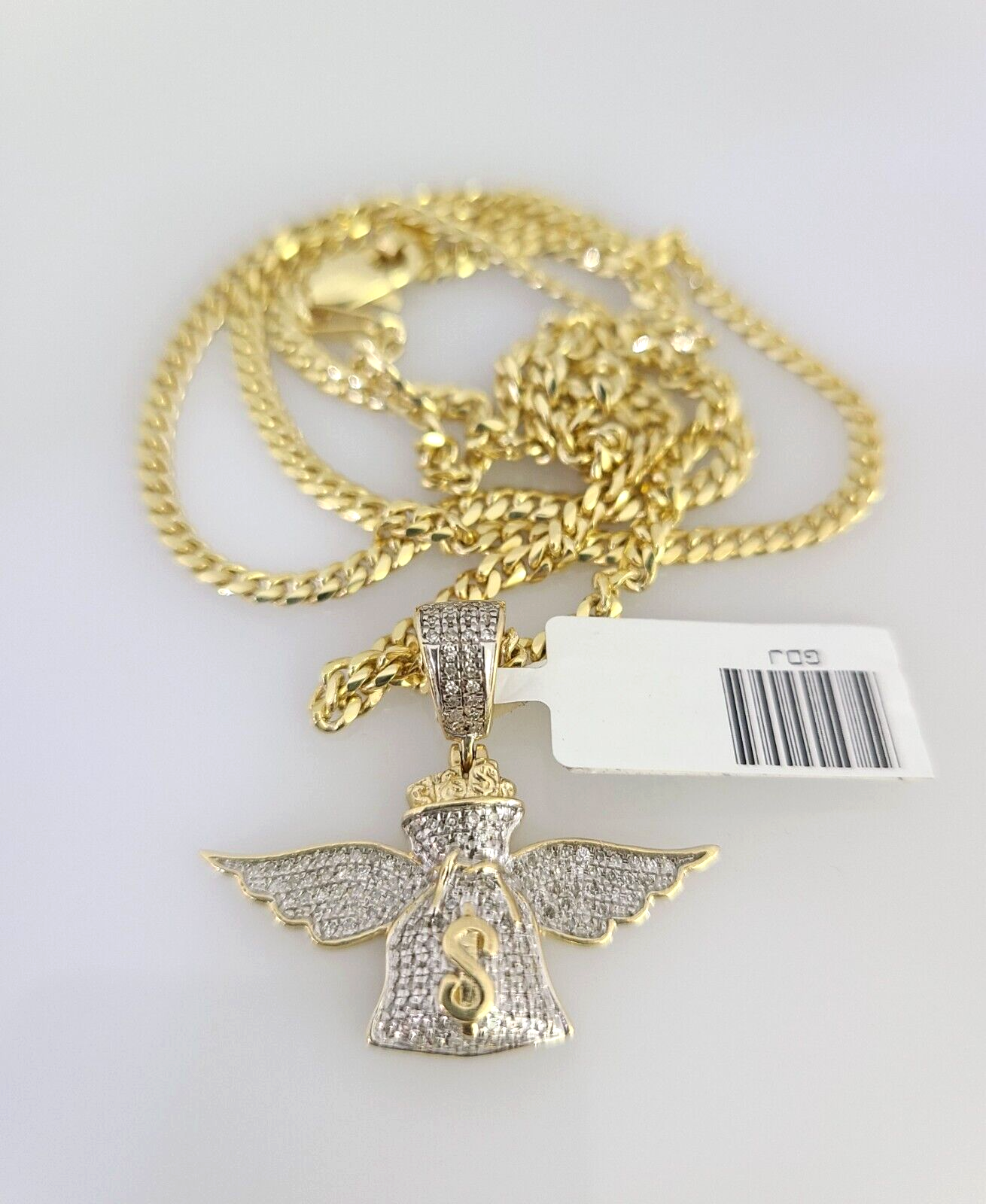 10K Solid Gold Miami Cuban Chain SET Diamond Money Bag Wing Charm 18"-26" 2.5mm