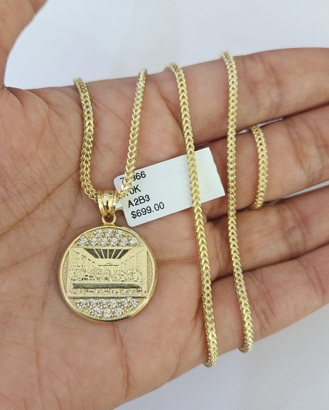 10K Franco Chain Last Supper  Pendant Charm Necklace 16"-24" 2mm Gold SET