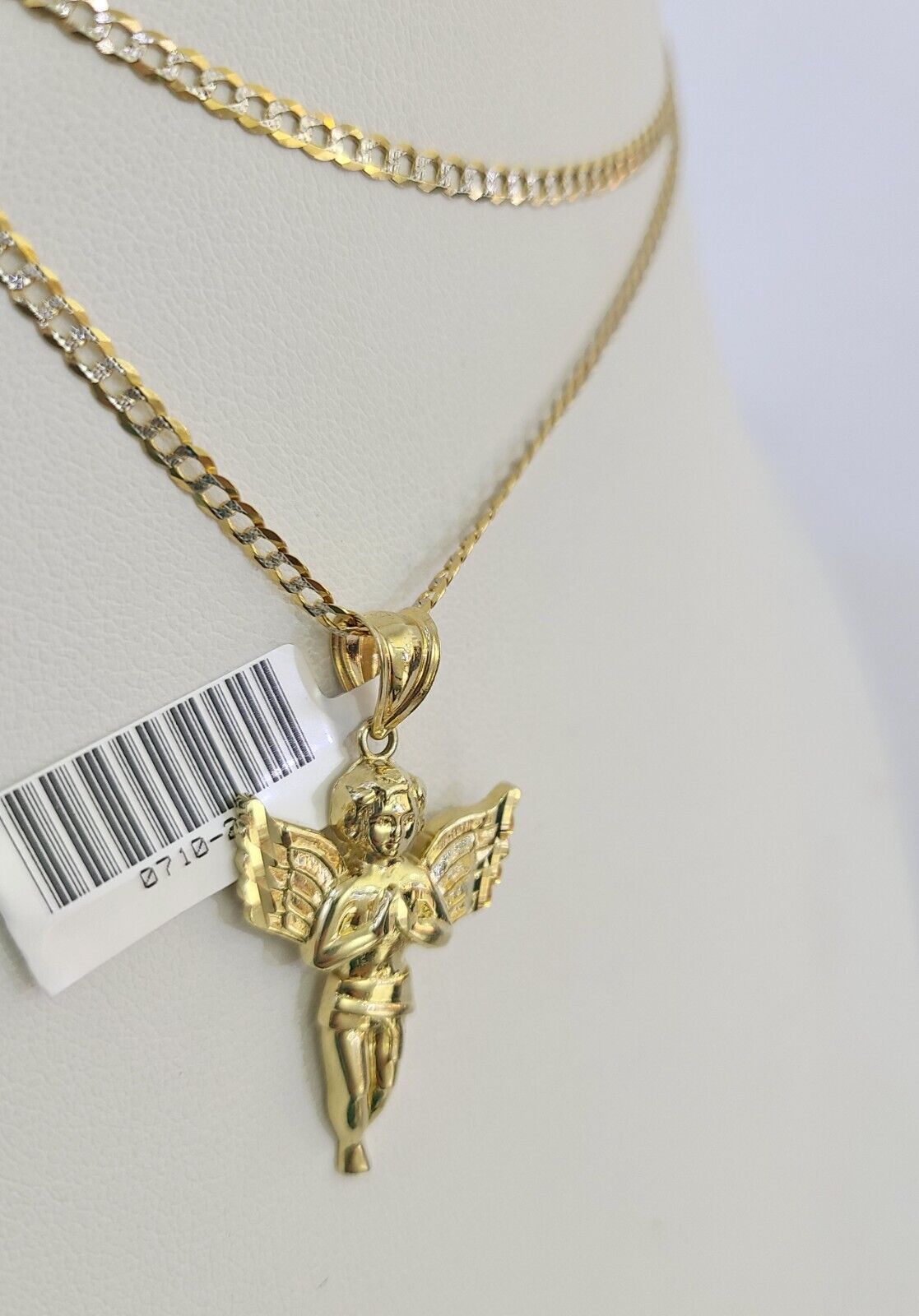 10k Solid Gold Cuban Curb Chain Praying Angel Pendant 2mm 18"-24" SET Necklace