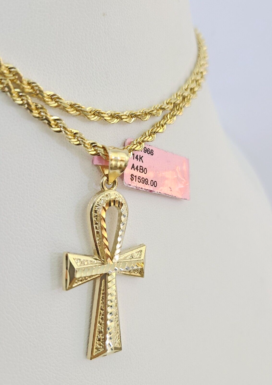Real 14k Solid Rope Chain Jesus Ankh Cross Charm Set 3mm 18"-26" Necklace Gold
