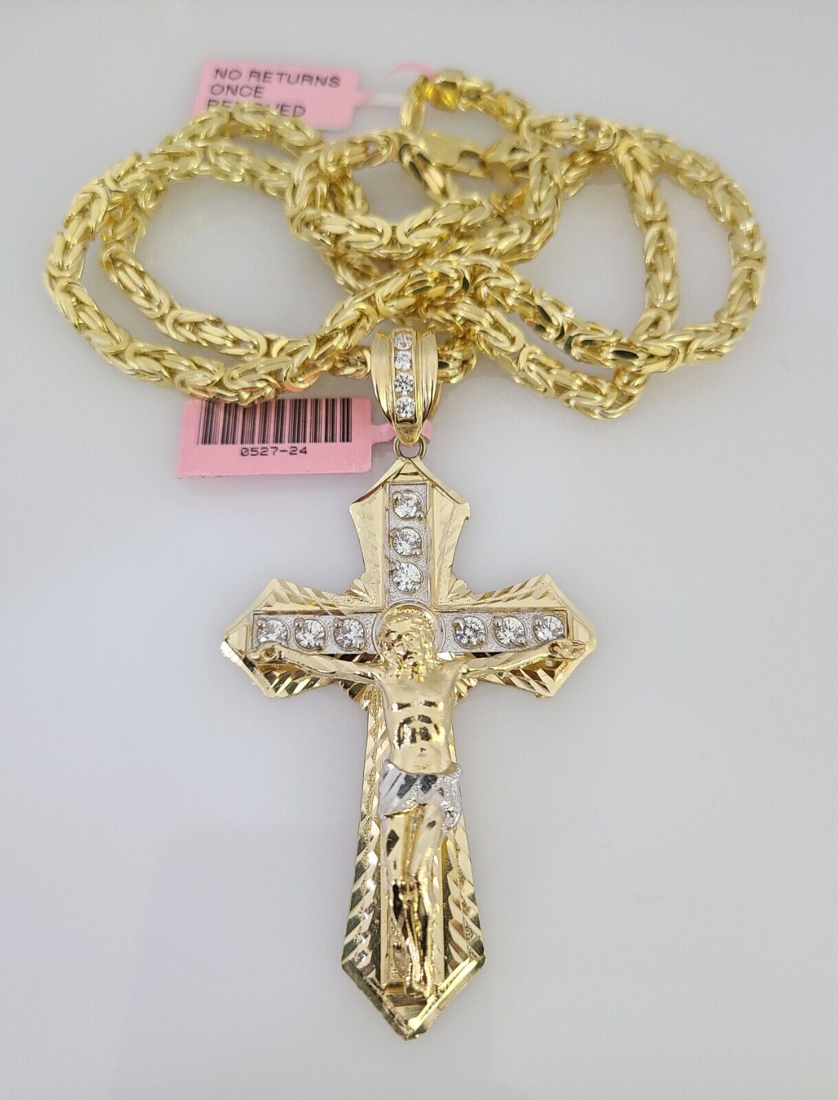 14K Gold Necklace Chain Jesus Crucifix Cross Charm Turkish Byzantine 4mm 24"
