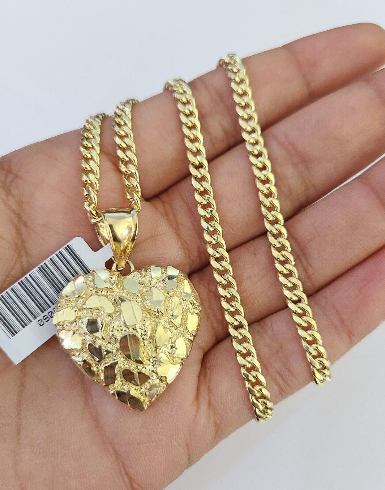 10k Miami Cuban Chain Nugget Heart Charm Set 4mm 18"-28" Necklace Yellow Gold