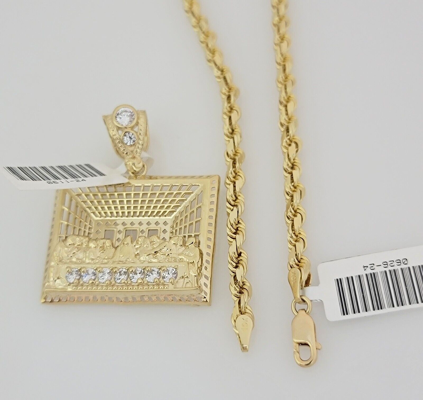 Real 10k Gold Chain Pendant SET Last Supper Charm Solid Rope Necklace 4mm 24Inch