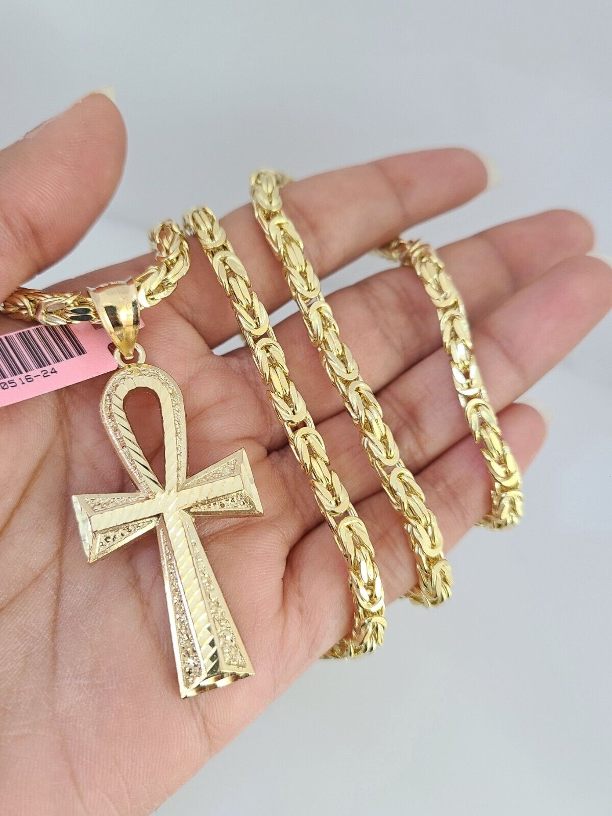 14K Gold Necklace Chain Jesus Ankh Cross Turkish Byzantine 4mm 24" Pendant