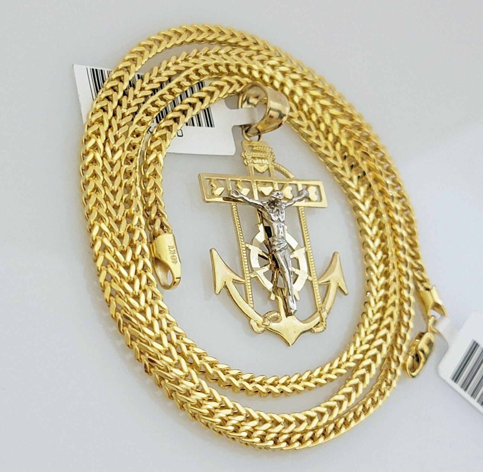Real 10k Gold Franco Chain Anchor Cross Charm pendant Set 2.5mm Necklace 20 Inch