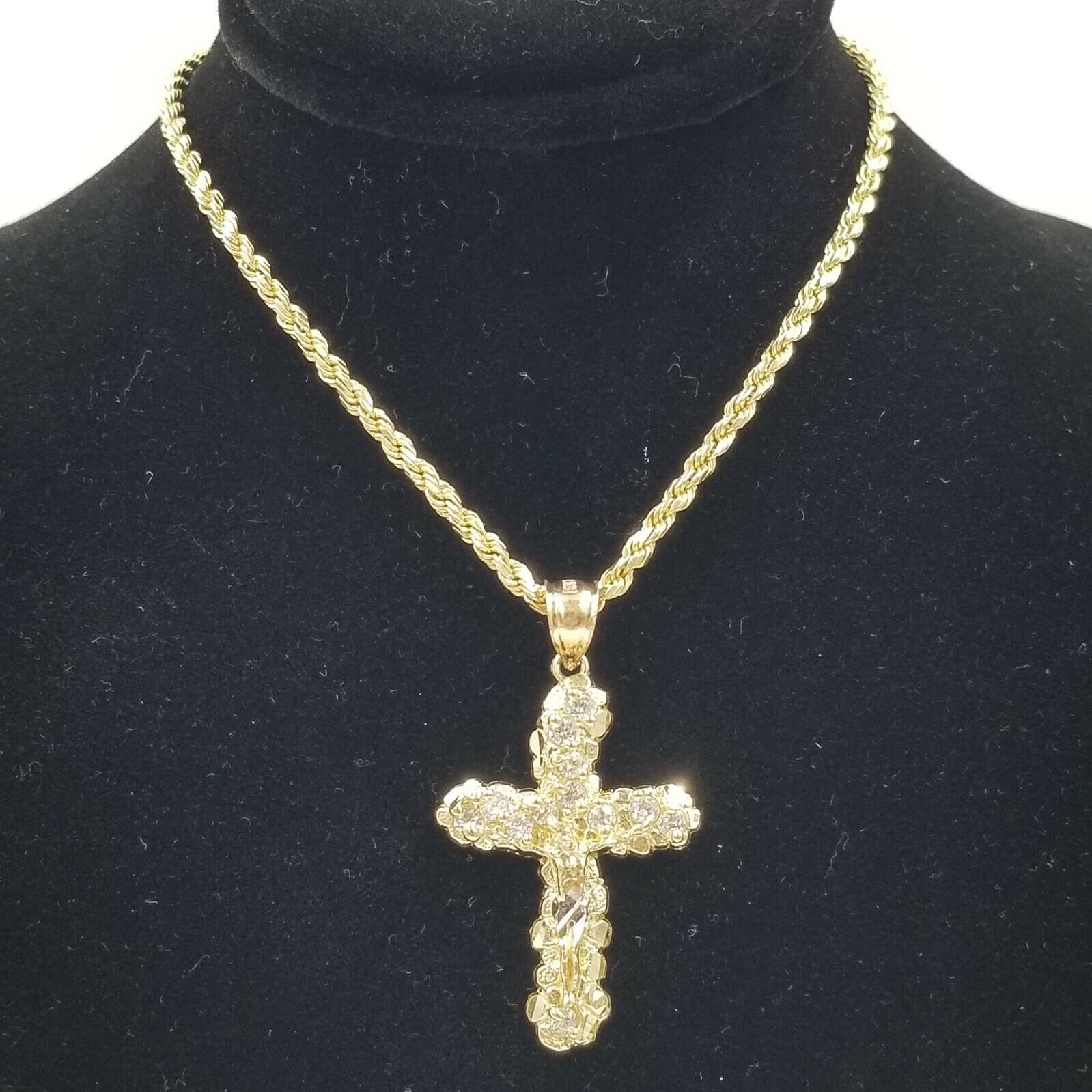10k Yellow Gold Crucifix Cross Jesus Pendant Rope Chain 18" 20" 22" 24" 26