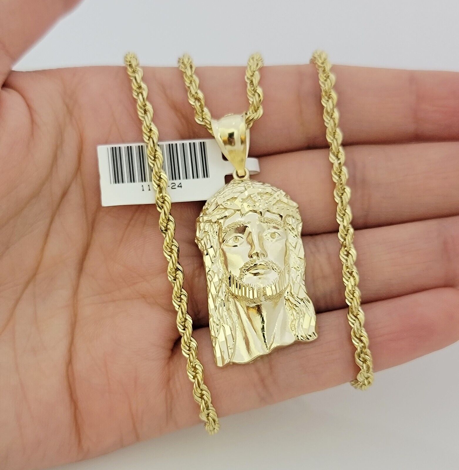Real 10k Gold Rope Chain Jesus Face Charm Pendant Set 3mm Necklace 24 Inch SOLID