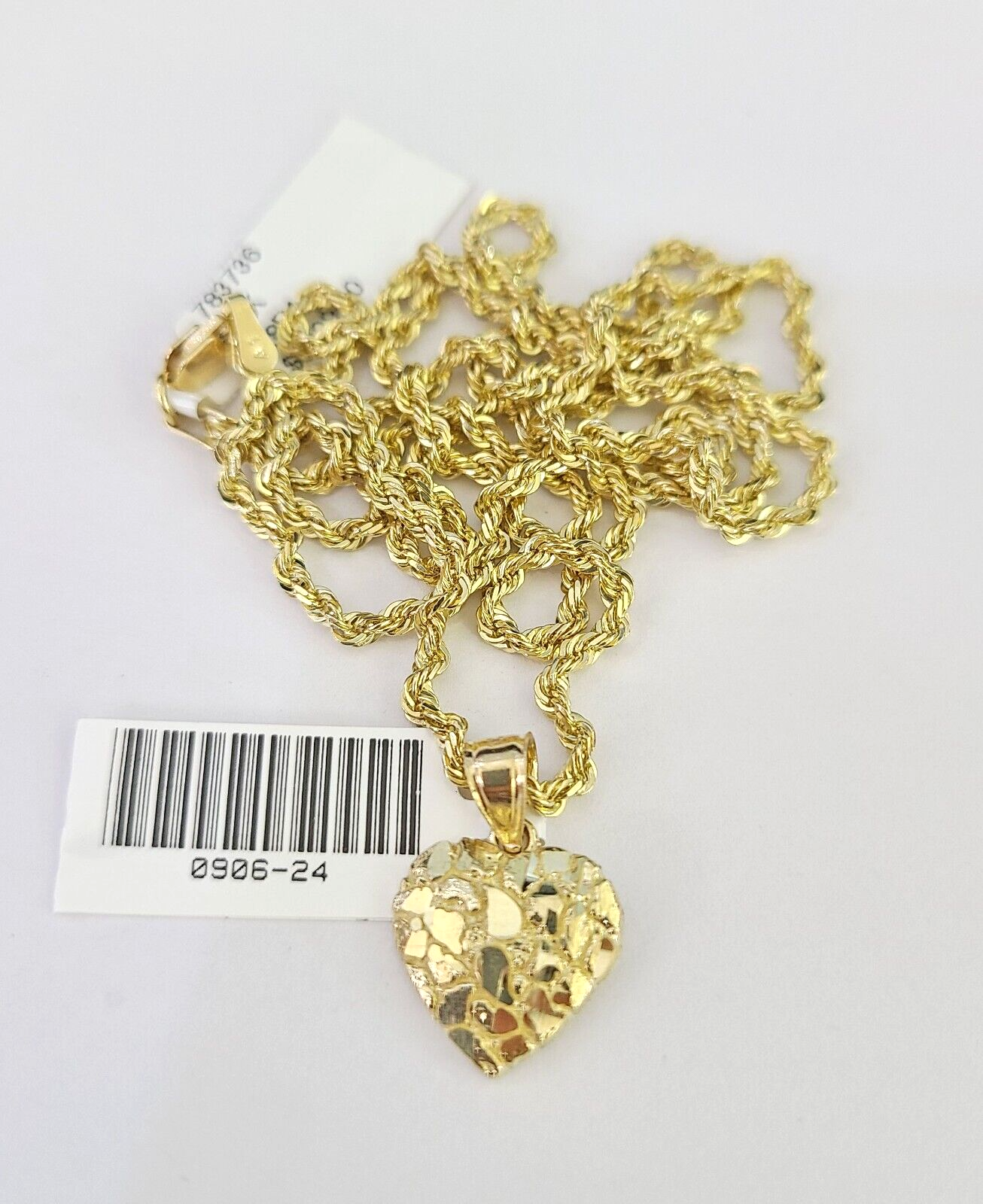 10k Solid Rope Chain 2mm Nugget Heart Pendant Charm Necklace SET 16"-22" Ladies