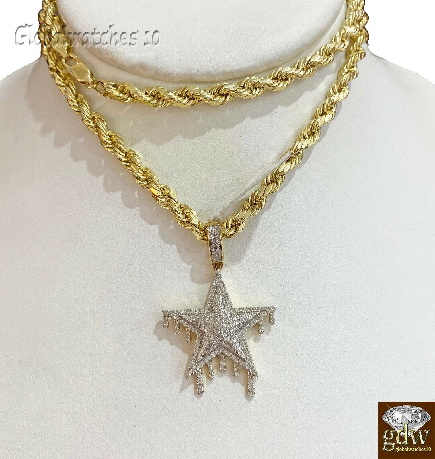 10k Gold Diamond Charm with Rope Chain in 20 22 24 26 inch Star Shape Pendant