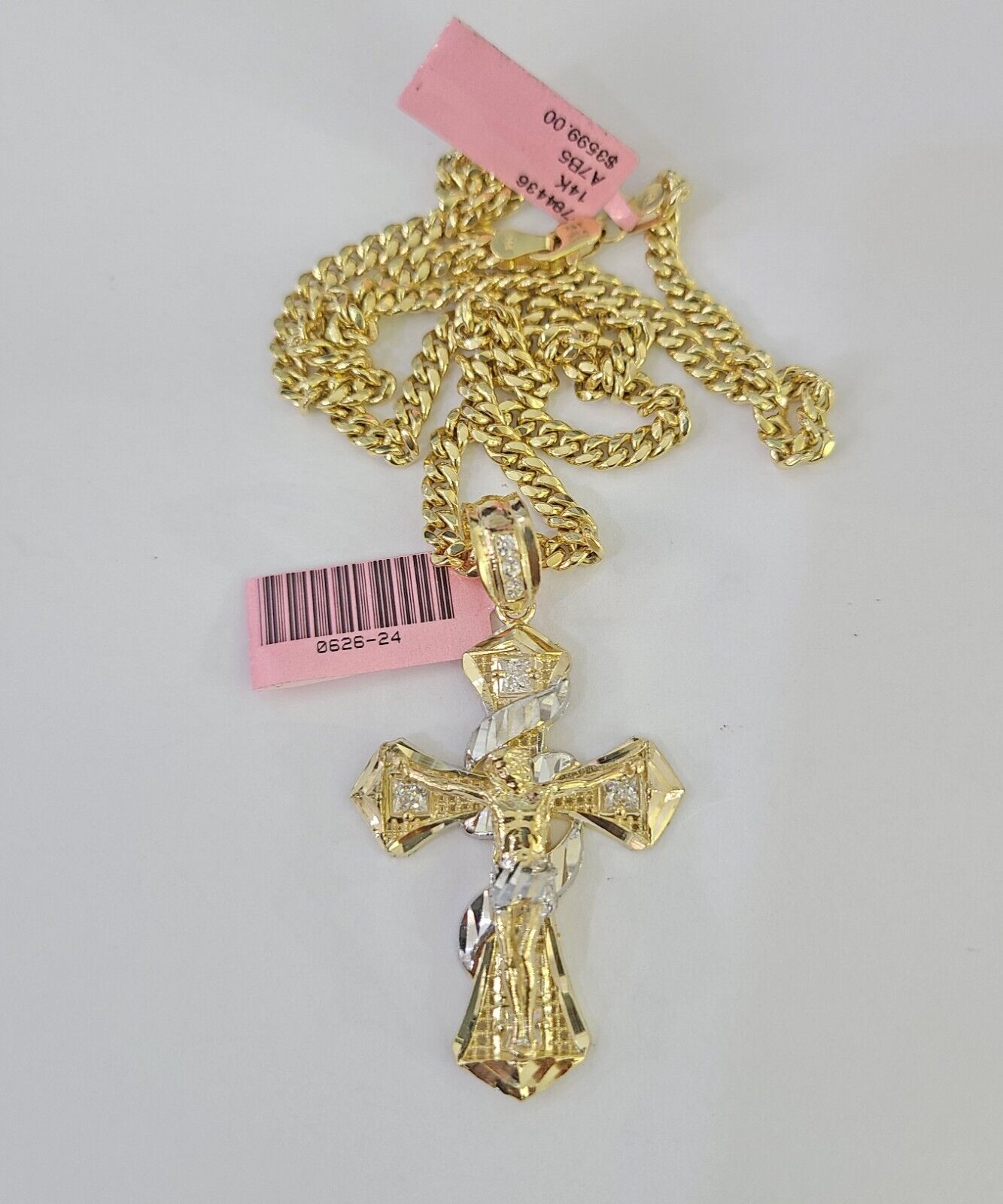 Real 14k Chain Cross Charm Set Miami Cuban Link 4mm Necklace Pendant 20"