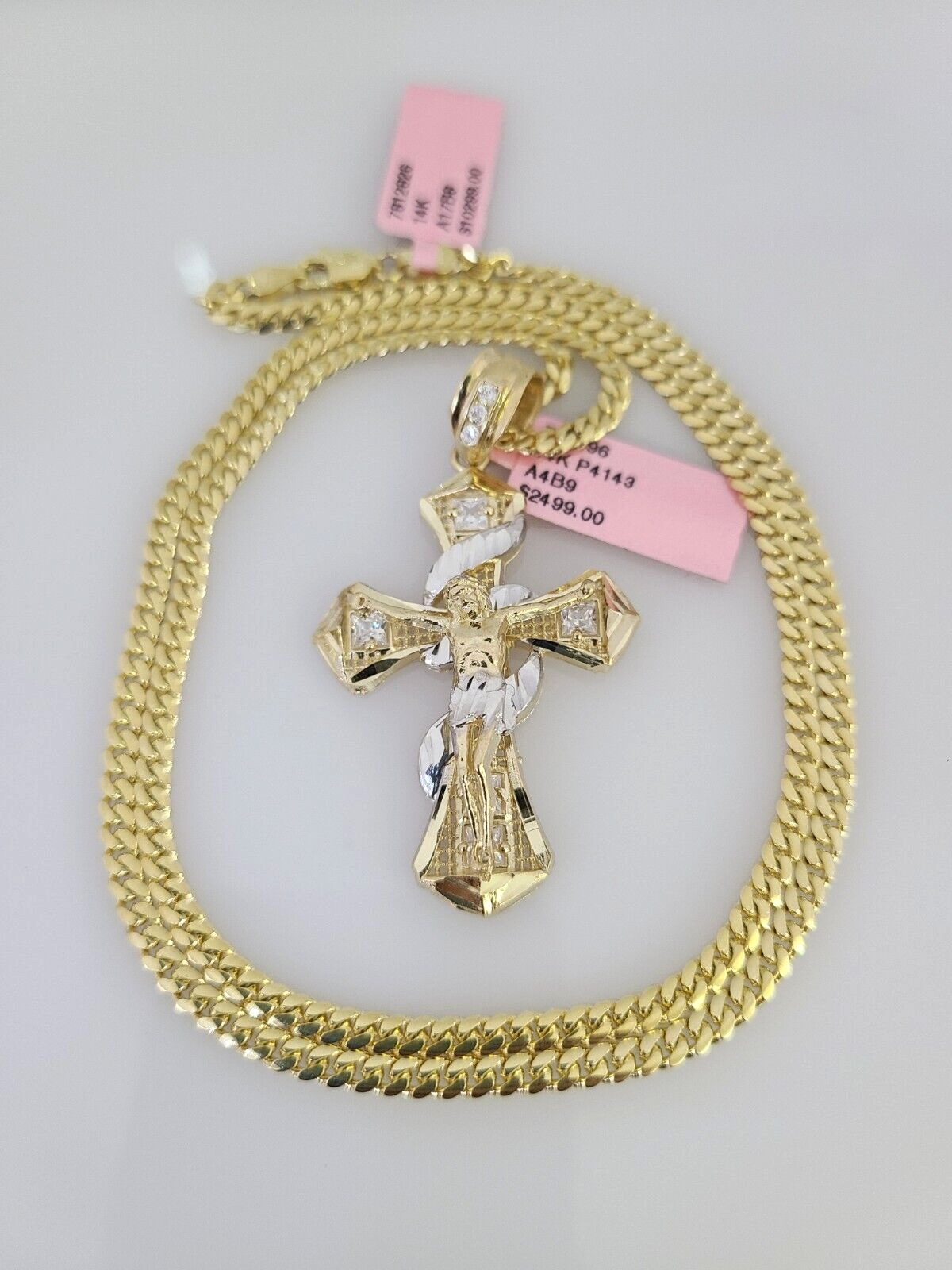 14k Gold Solid Chain Spiral Cross Pendant Set 14kt Miami Cuban Link 3mm Charm