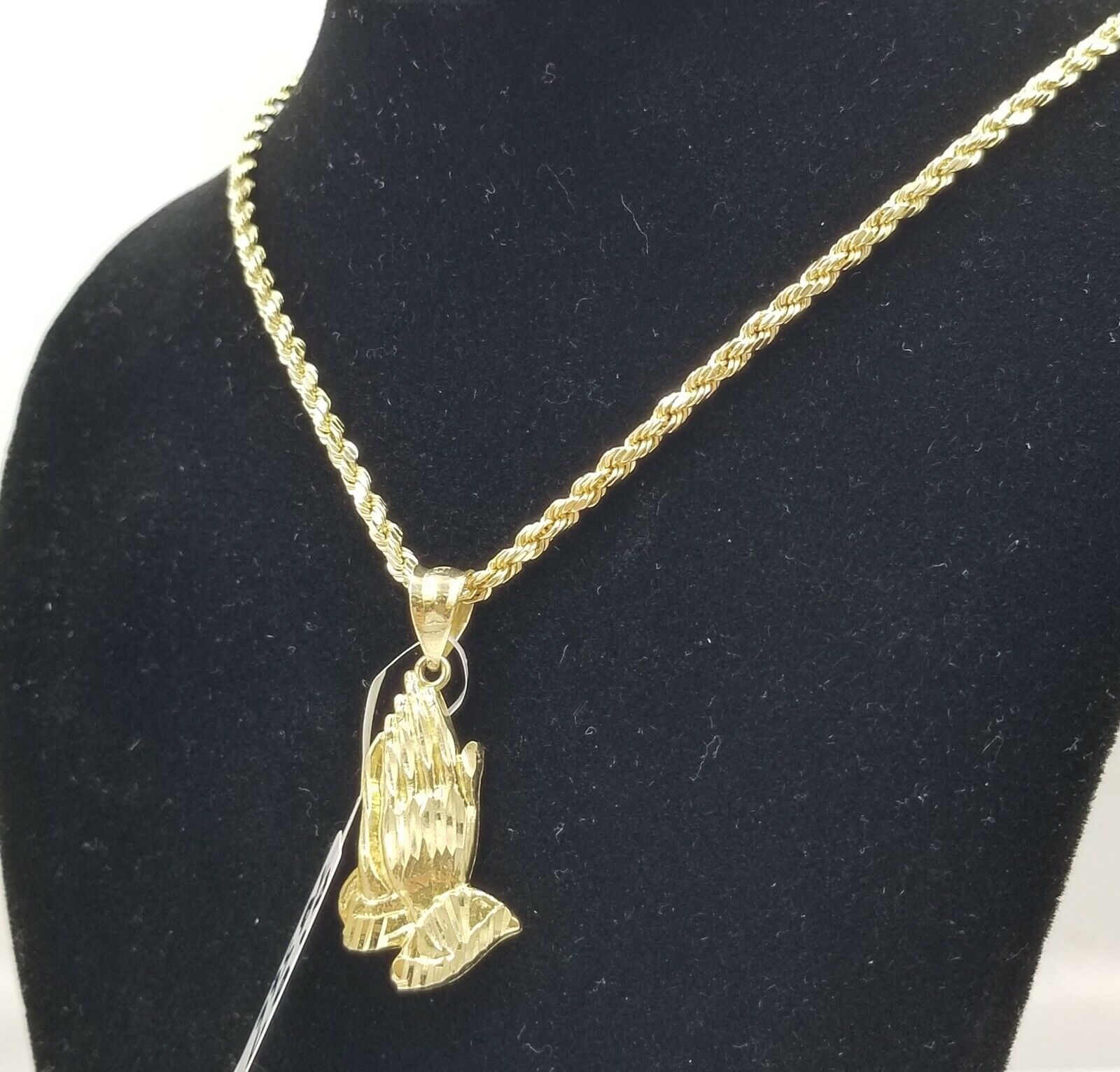 Real 10k Yellow Gold Praying Hand Charm Pendent Rope Chain 2.5mm 18" 20" 22" 24"