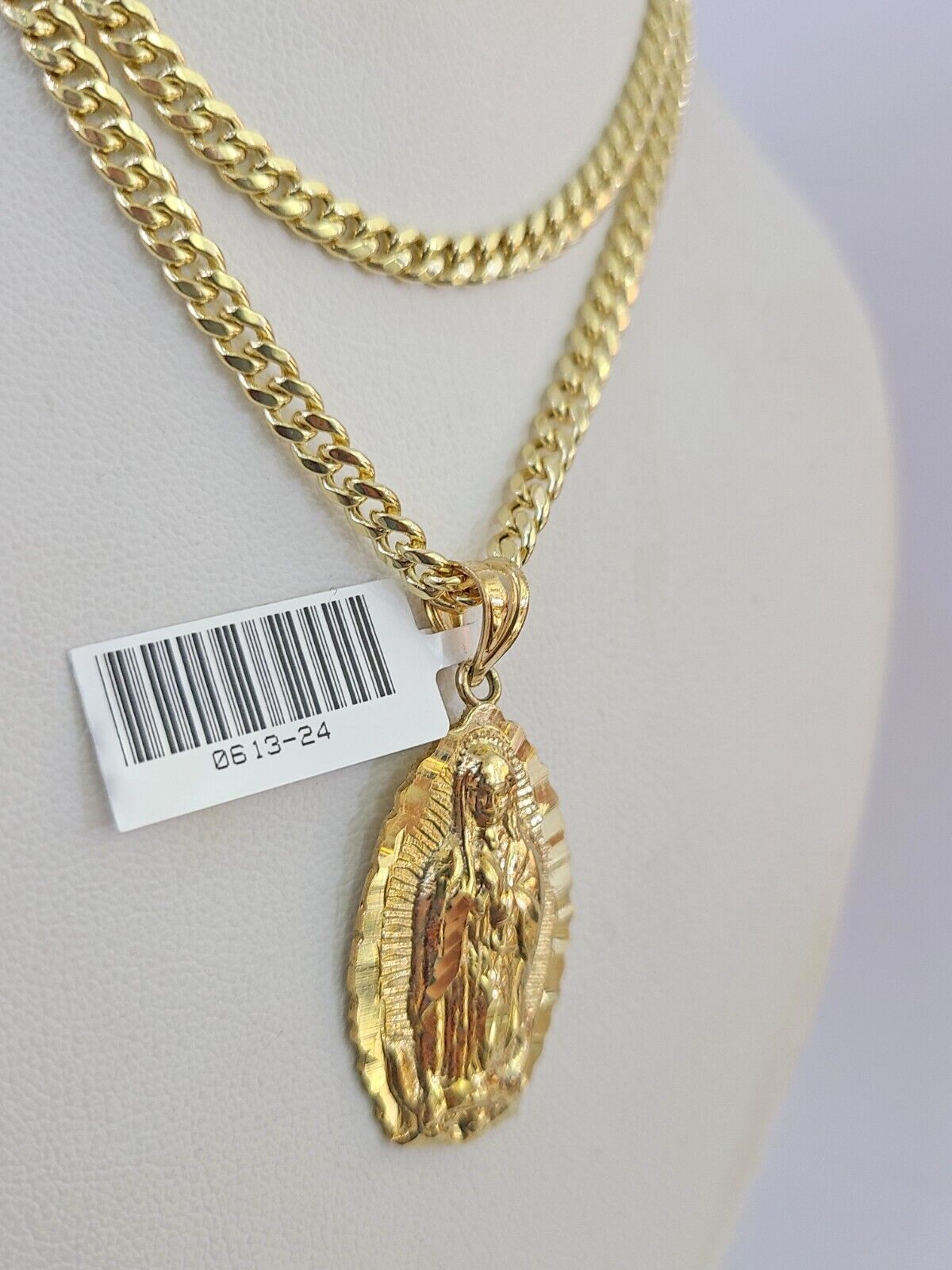 10k Miami Cuban Chain Virgin Mary Charm Set 4mm 18"-28" Necklace Yellow Gold