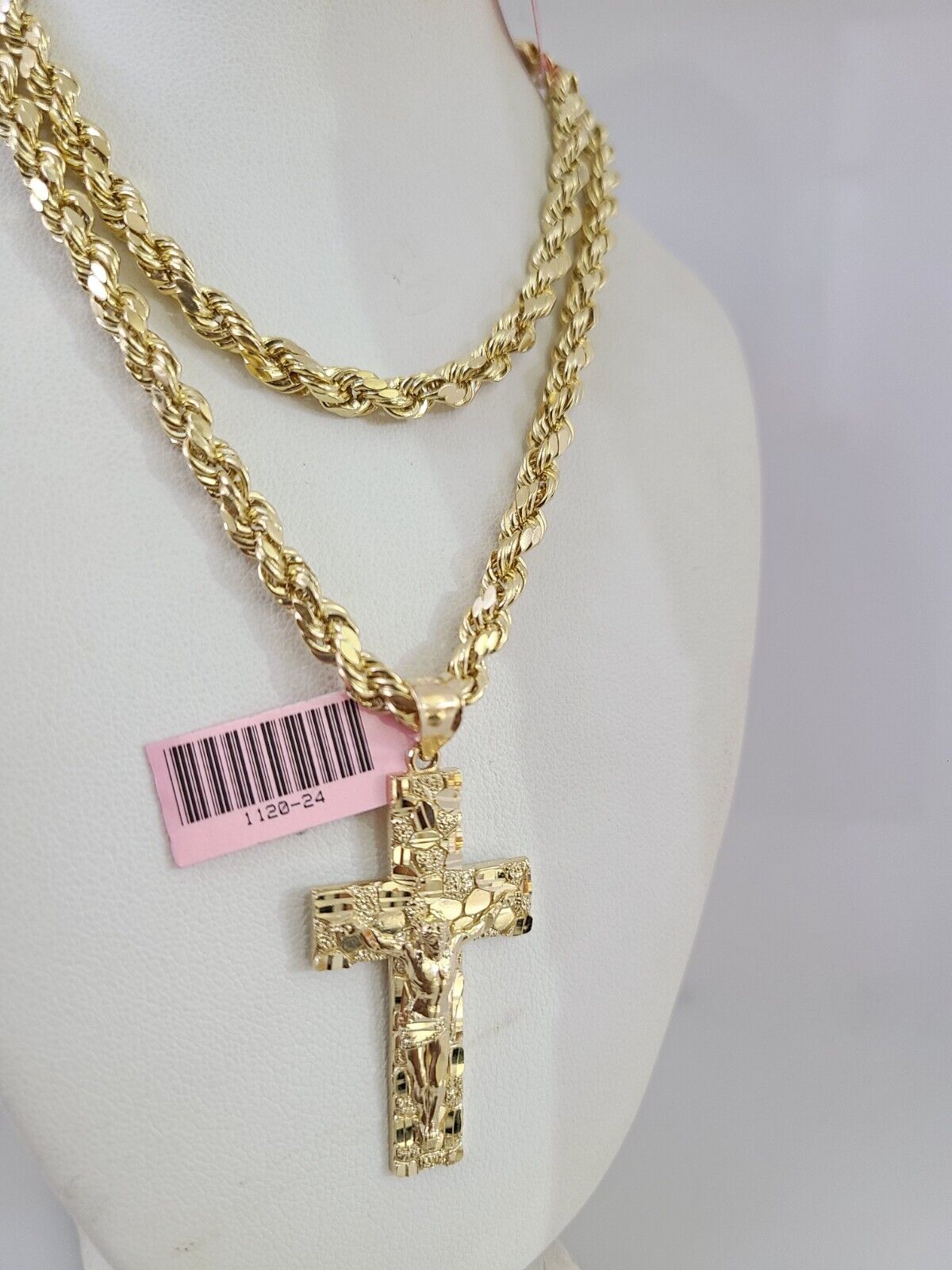 14k Gold Rope Chain Necklace Set 6mm Nugget Cross Charm Pendant 18"-28" inch