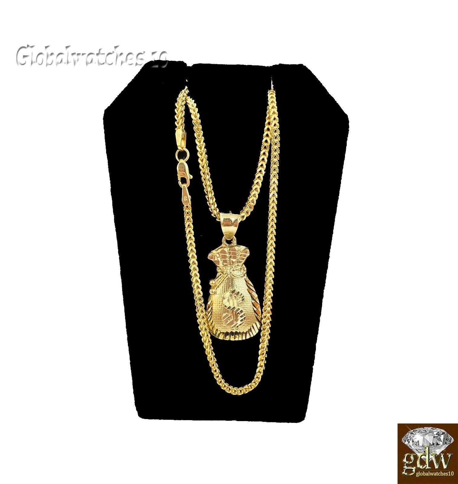 10k Gold Dollar Bag Charm Pendant Franco Chain 22 24 26 28 Inch Real