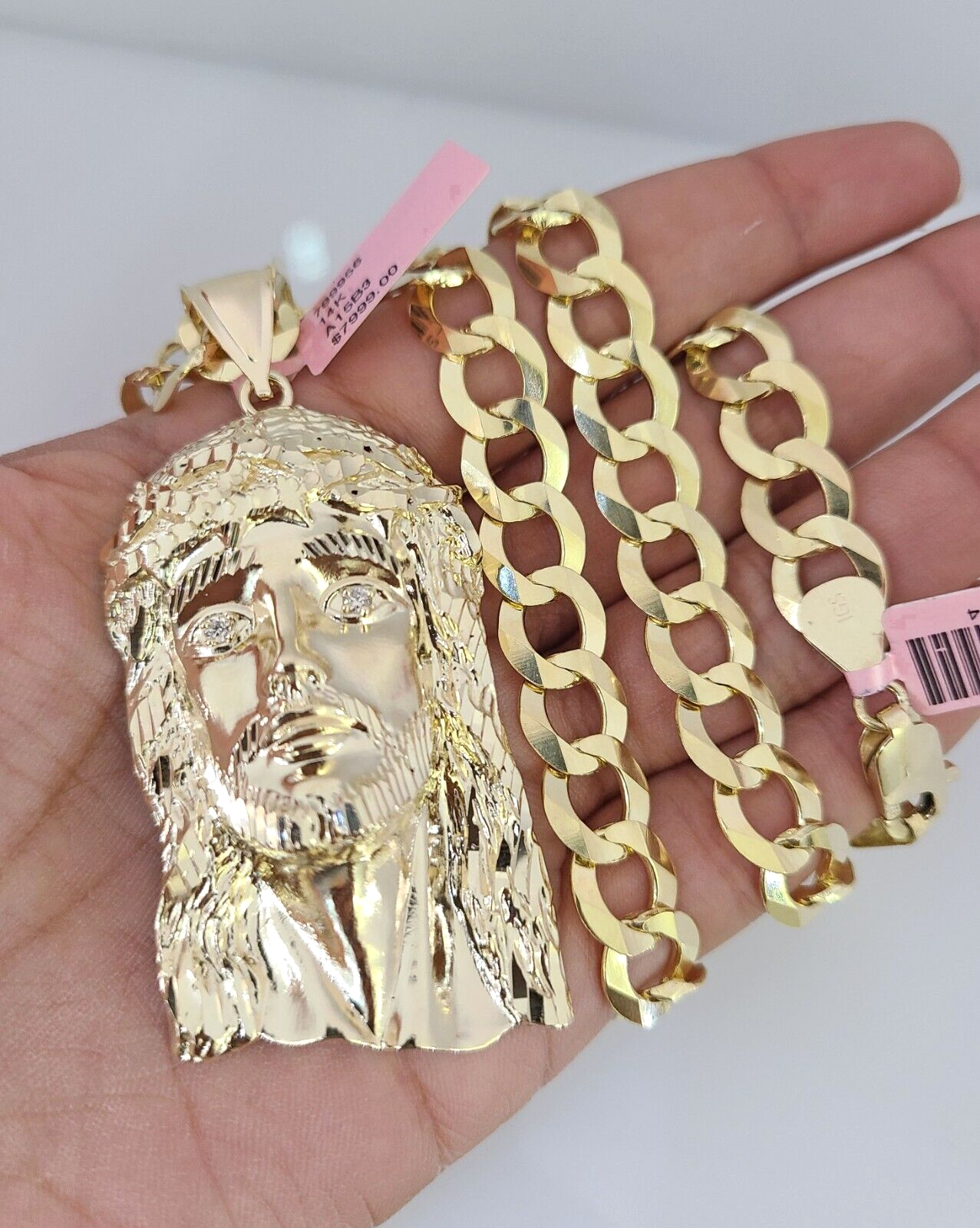 14k Gold Chain Jesus Head Charm Solid Cuban Curb 10mm 20"-30" SET Necklace