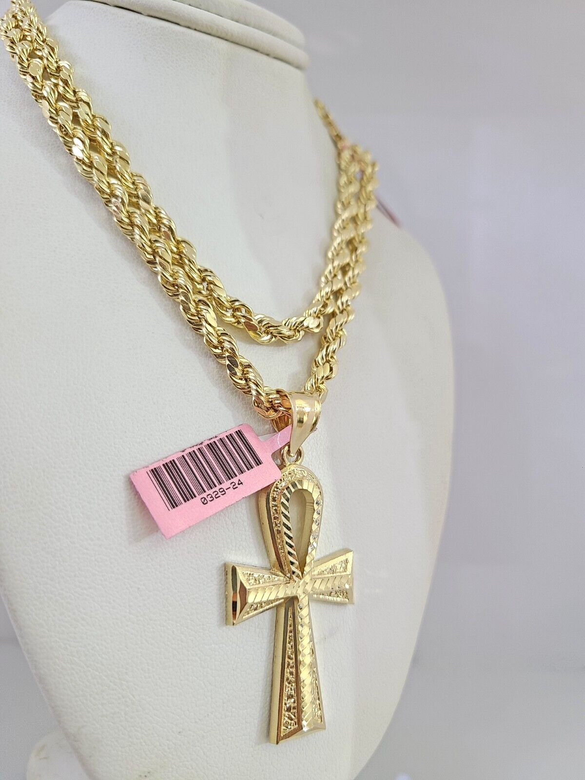 14k Gold Rope Chain Necklace Set 6mm Ankh Cross Charm Pendant 18"-28" inch