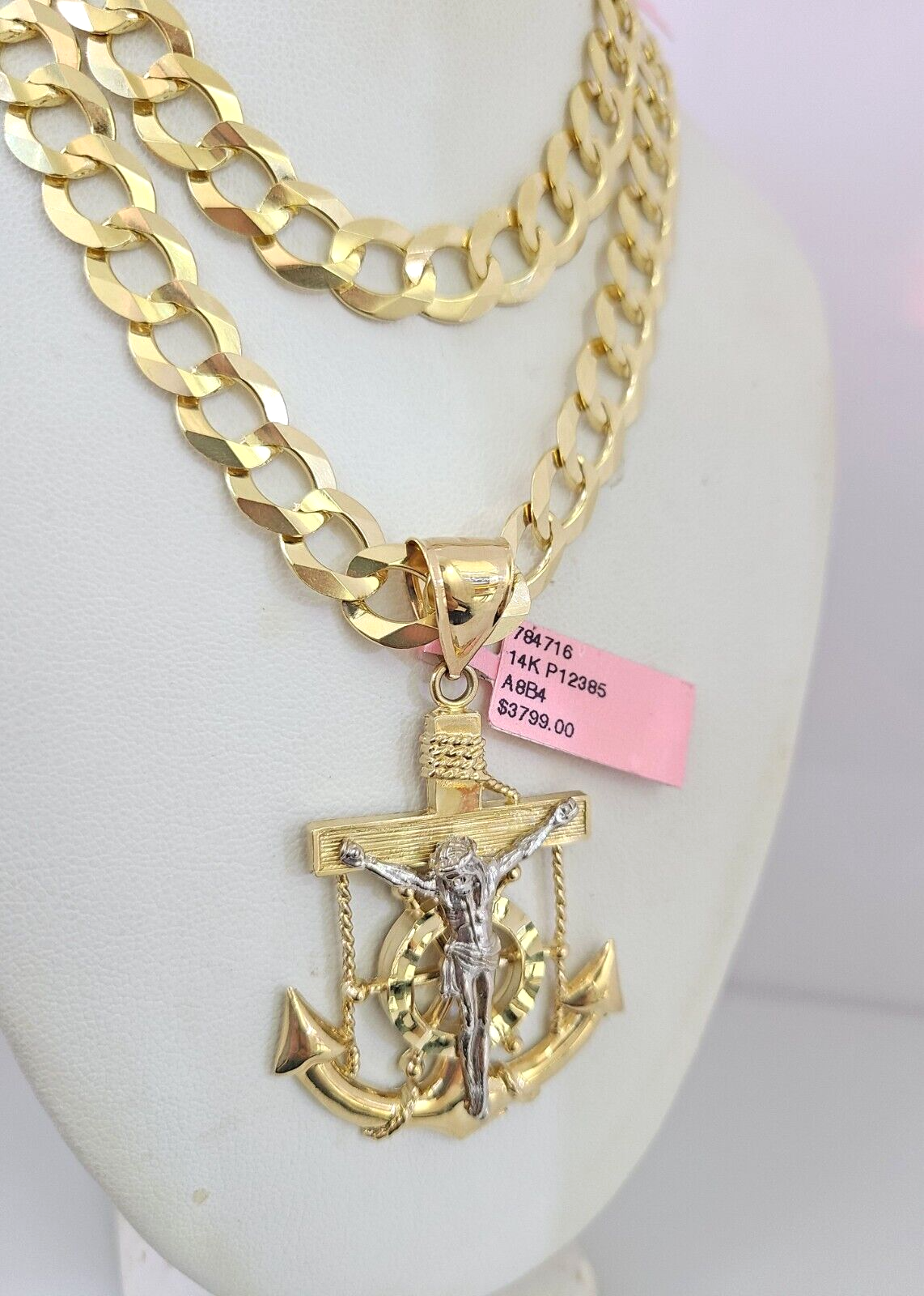 14k Gold Chain Jesus Anchor Charm Solid Cuban Curb 10mm 20"-30" SET Necklace