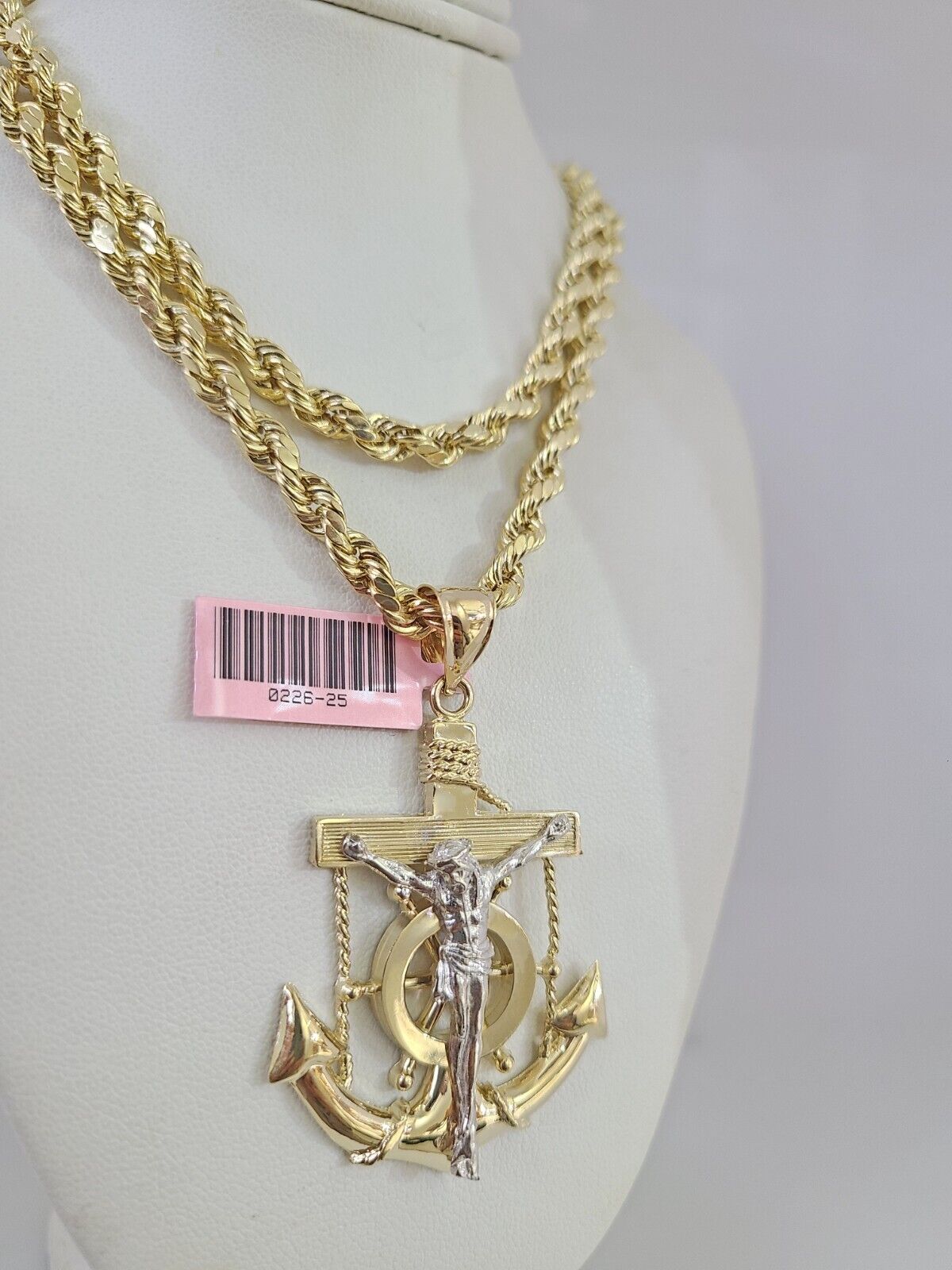 14k Gold Rope Chain Necklace Set 6mm Jesus Anchor Charm Pendant 18"-28" inch