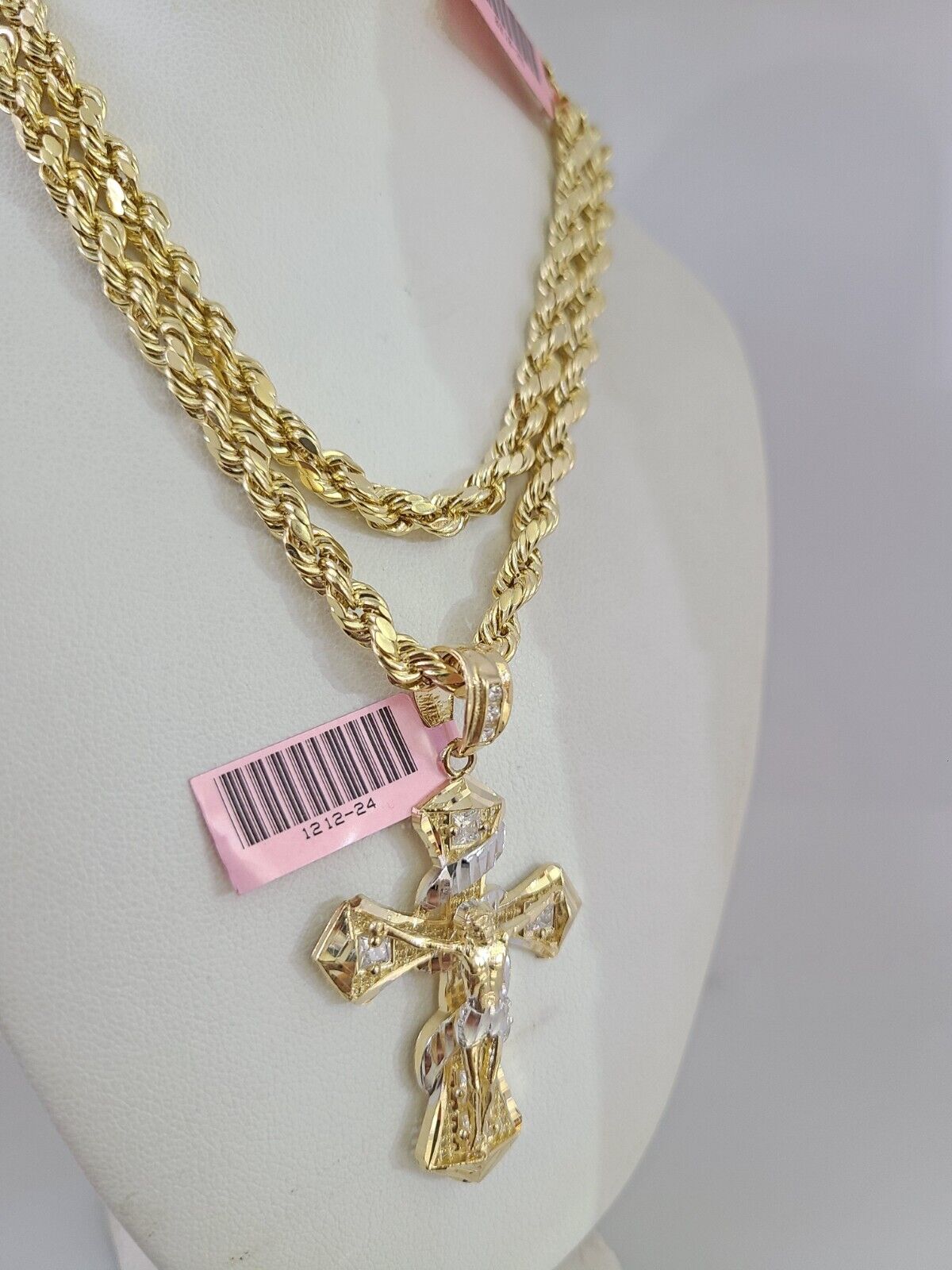 14k Gold Rope Chain Necklace Set 6mm Spiral Cross Charm Pendant 18"-28" inch