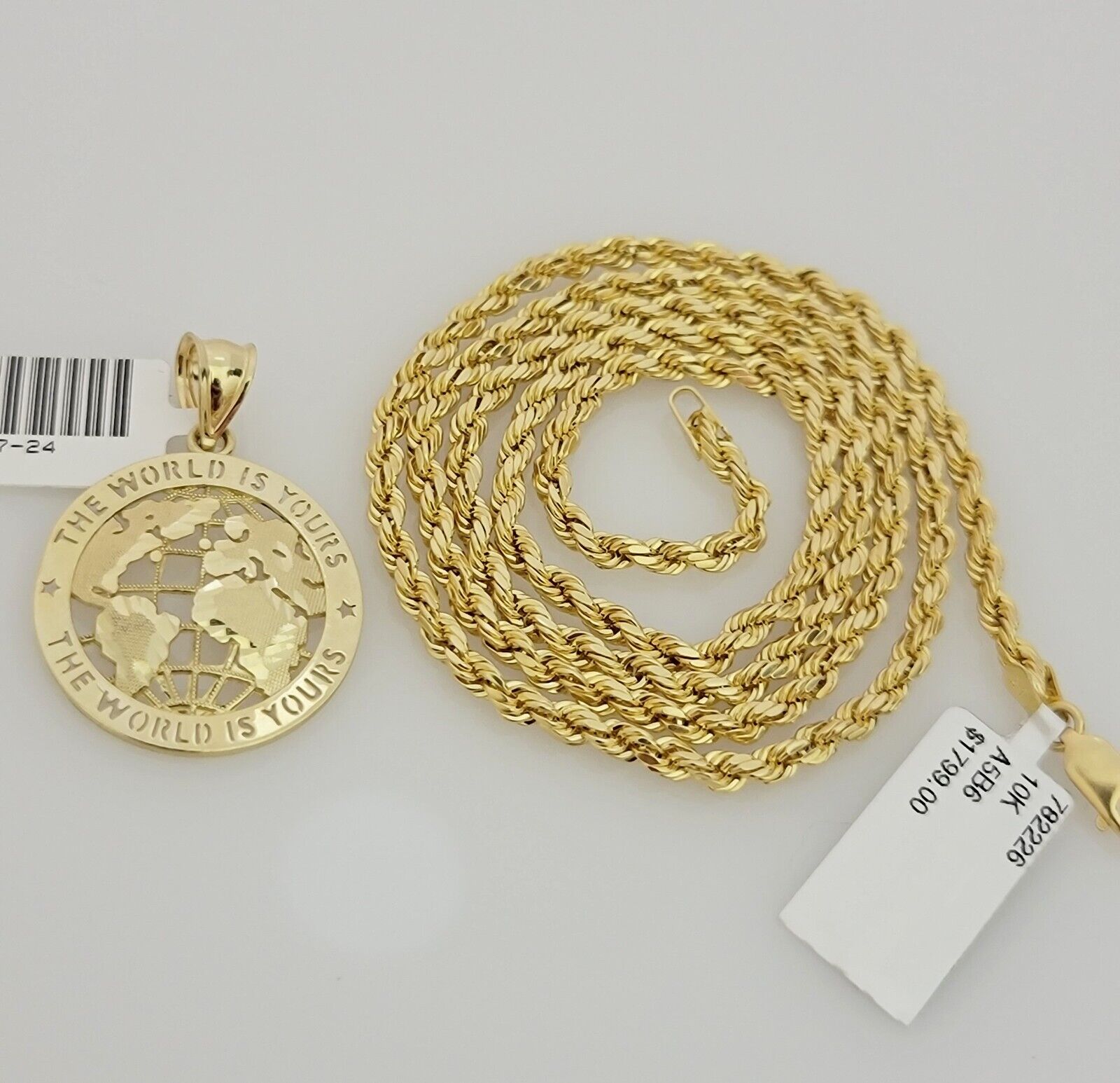 Real 10k Gold Chain Pendant SET World Is Your Charm  Rope Necklace 3mm 24 Inch
