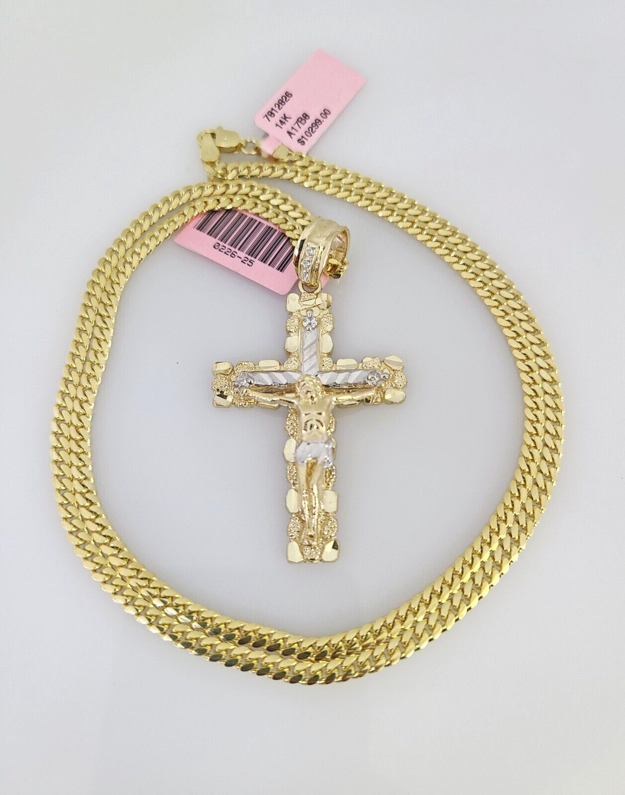 14k Gold Solid Chain Nugget Cross Pendant Set 14kt Miami Cuban Link 3mm Charm