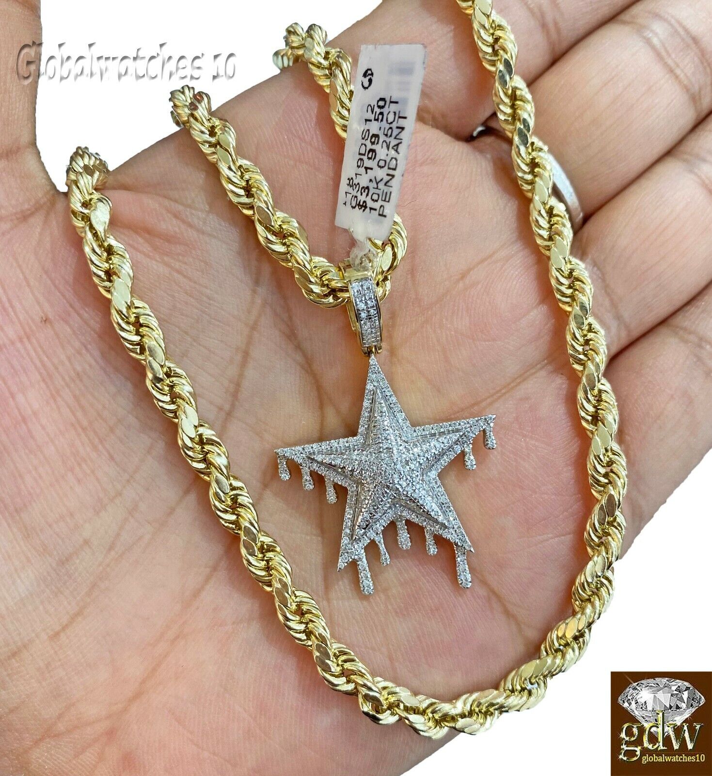 10k Gold Diamond Charm with Rope Chain in 20 22 24 26 inch Star Shape Pendant