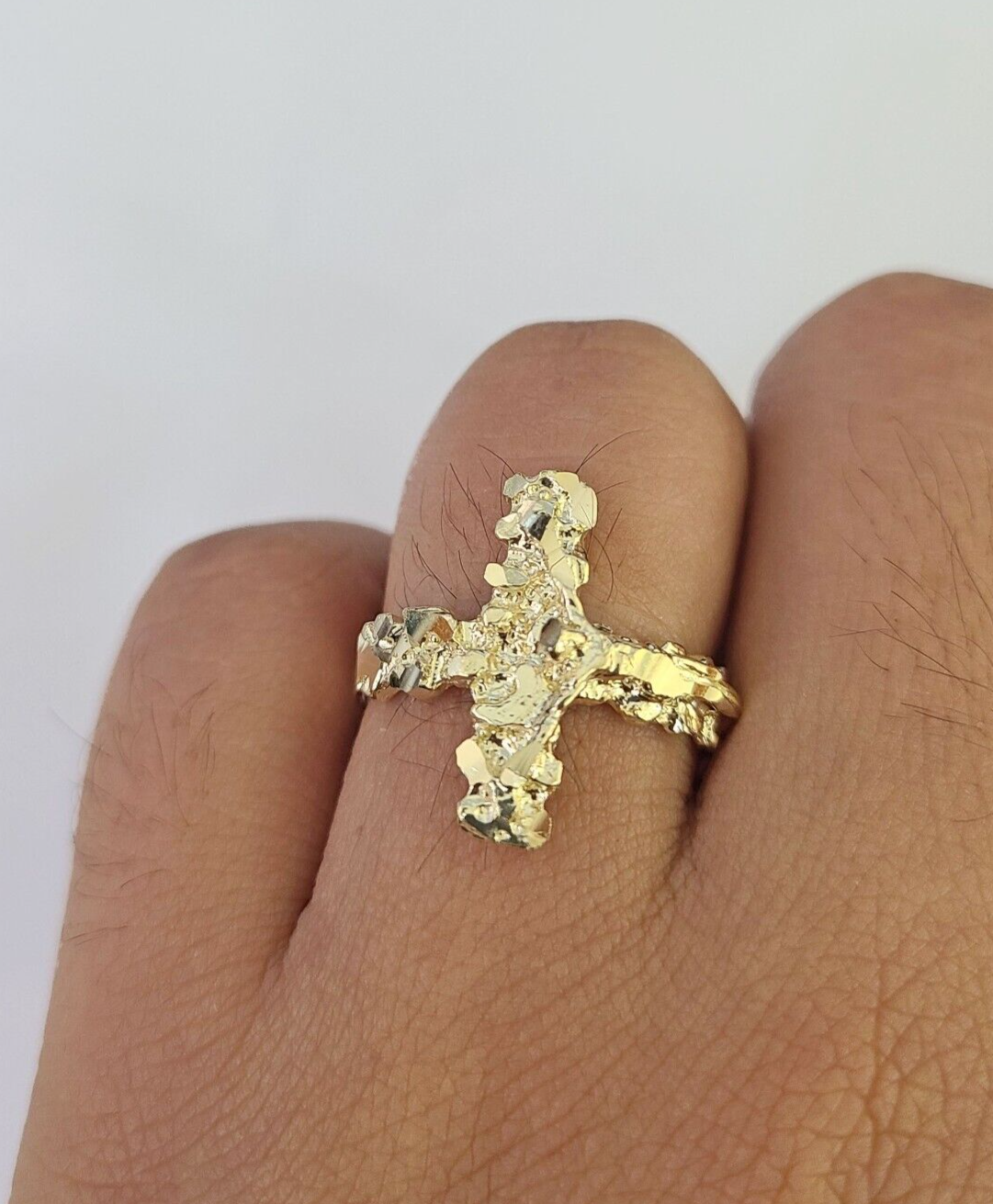 REAL 10K Gold Jesus Cross Nugget Ring Band Style Rings 10Kt Yellow All Sizes