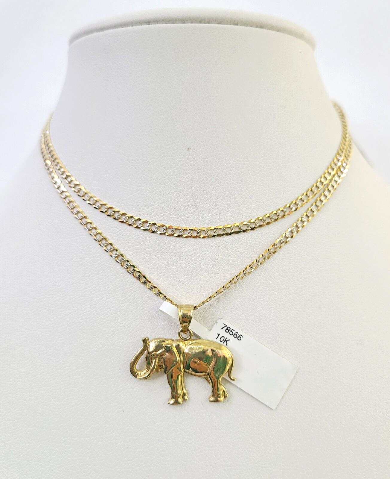 10k Solid Gold Cuban Curb Chain Elephant Pendant 2mm 18"-24" SET Necklace