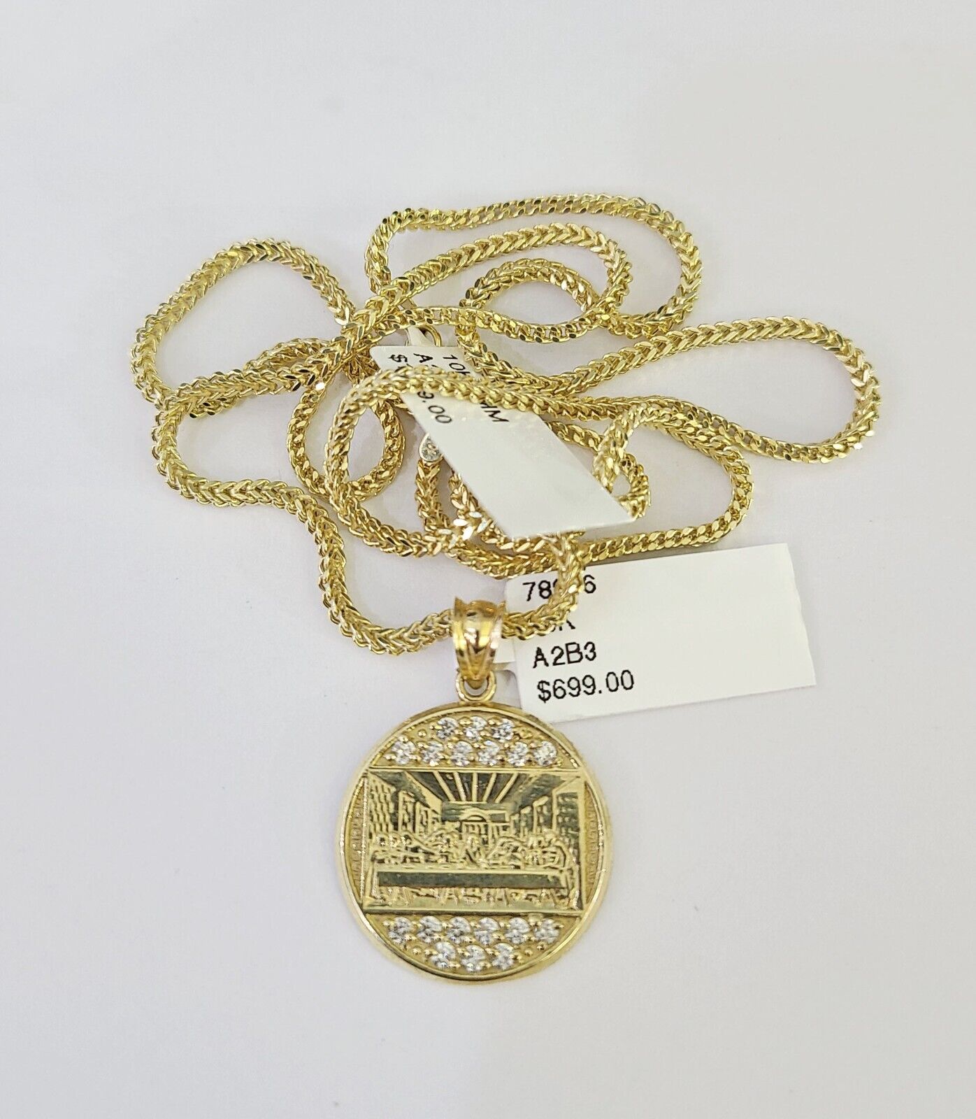 10K Franco Chain Last Supper  Pendant Charm Necklace 16"-24" 2mm Gold SET