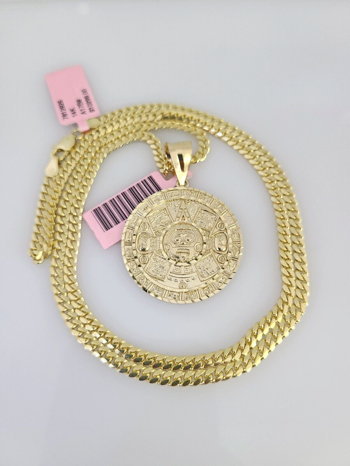 14k Gold Solid Chain Mayan Calendar Pendant Set 14kt Miami Cuban Link 3mm Charm