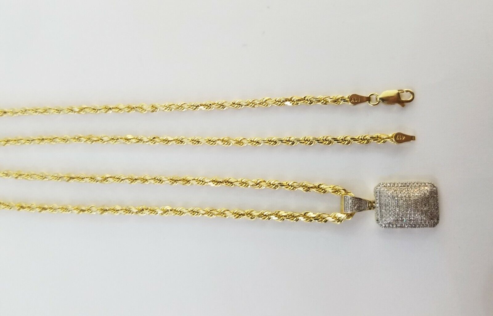 10K Yellow Gold 0.51CT Real Diamond Pillow Charm With 3mm 24" gold rope chain